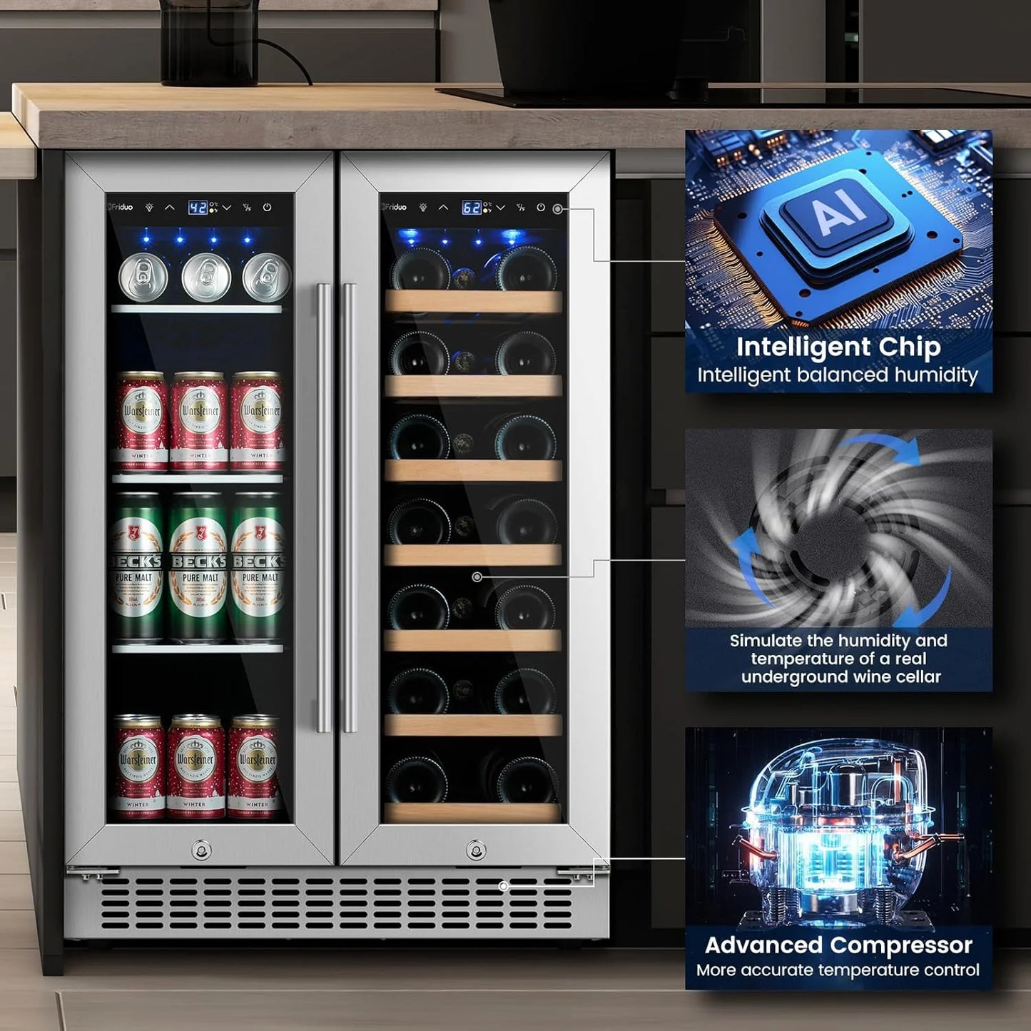 24 inch Dual Zone Beverage Refrigerator, 30 Bottles & 82 Cans Wine Fridge Built-in or Freestanding with Glass Door, Wine and Beverage Refrigerator Cooler for Kitchen Home Bar