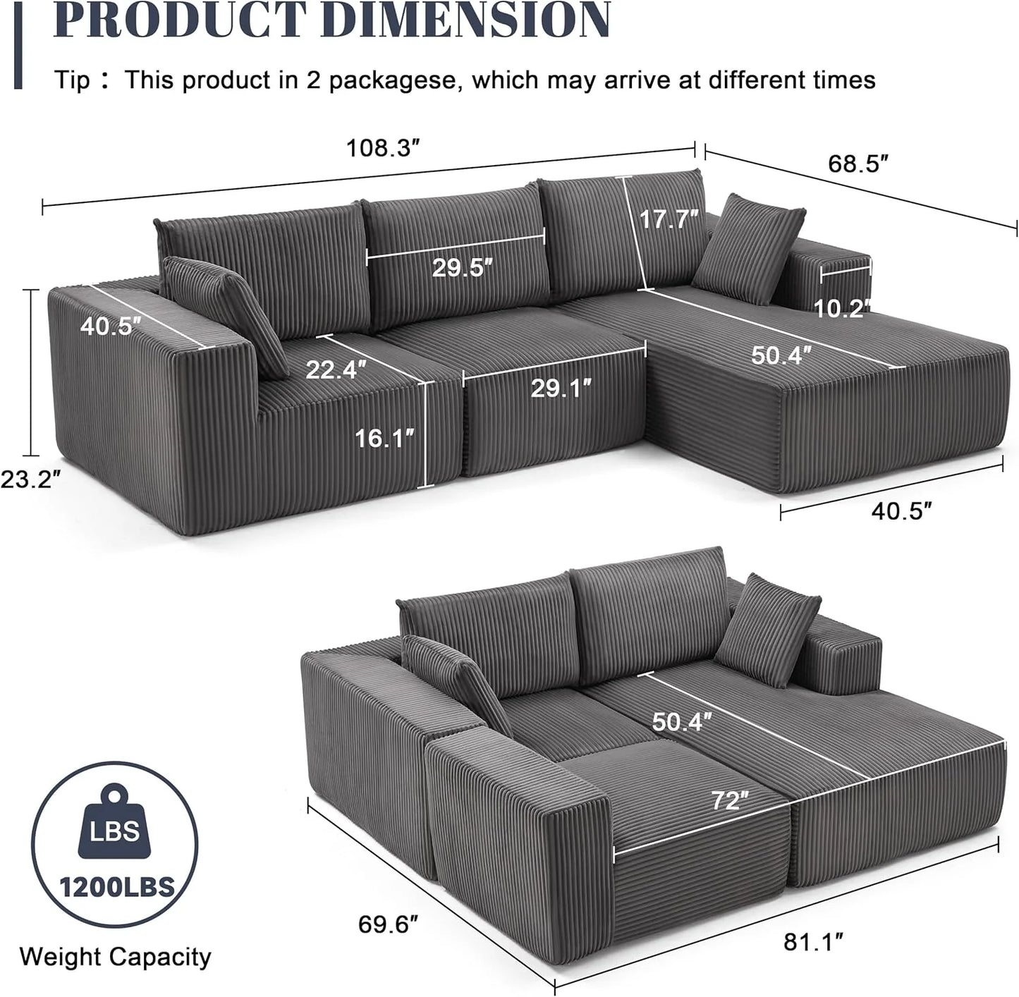 108 inch sectional sofa, cloud sectional sofa with deep seat, modern sectional L shaped sofa