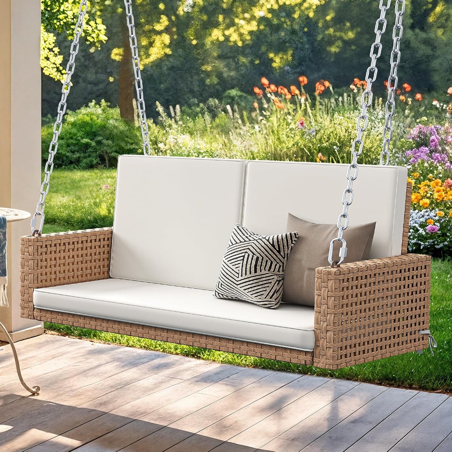 YITAHOME Hanging Porch Swing Chair Sits 3 People, Wicker Outdoor Swing Bench, Patio Lounge Chair, 1 Seating Cushion and 3 Back Cushions, w/Removable Covers, for Garden, Balcony, Backyard, Brown