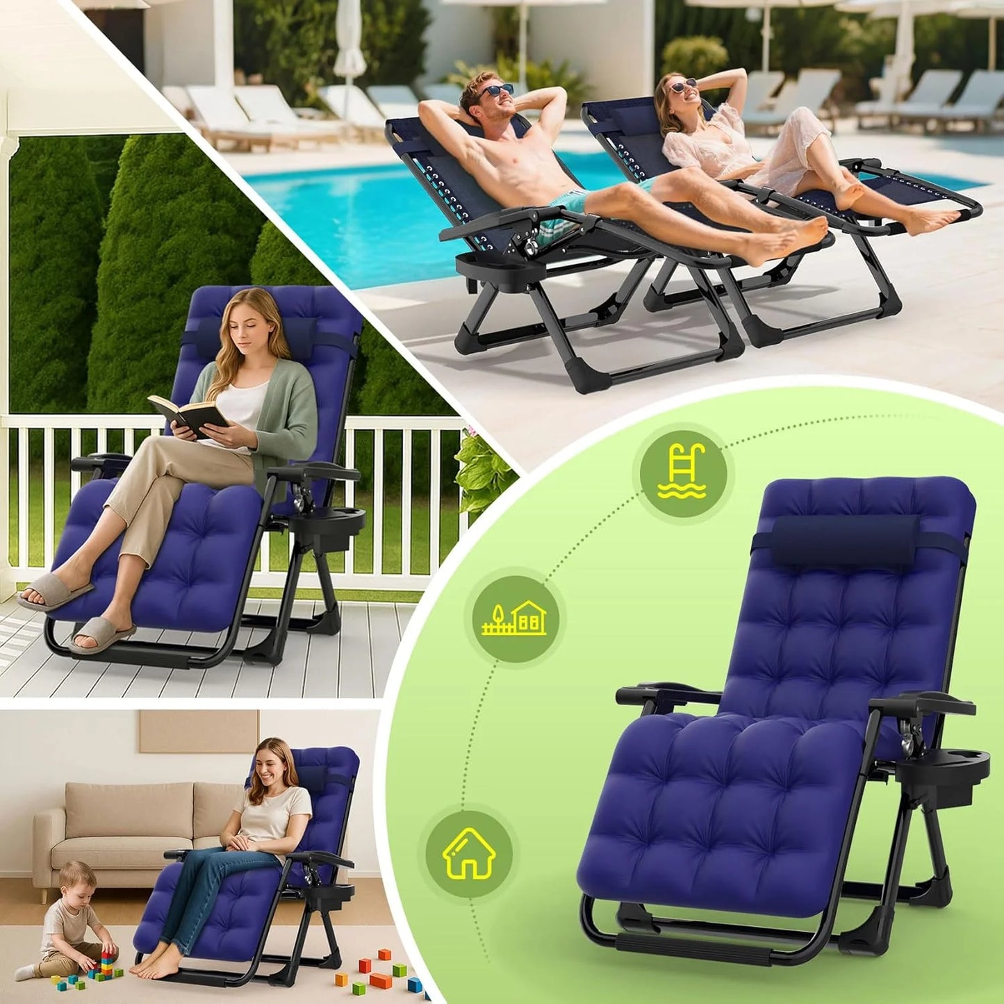 Indoor and outdoor patio chair folding lounge chair zero gravity chair with removable cushion camping lounge chair
