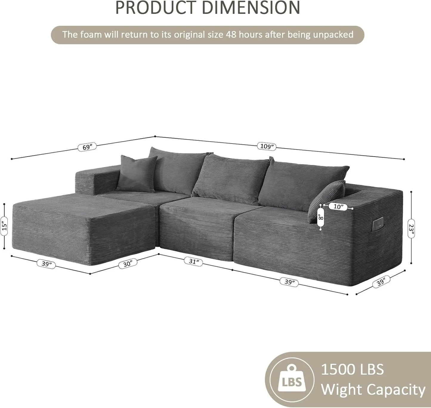 Cloud sofa with L-shaped lounge chair, modern modular sofa with deep seats
