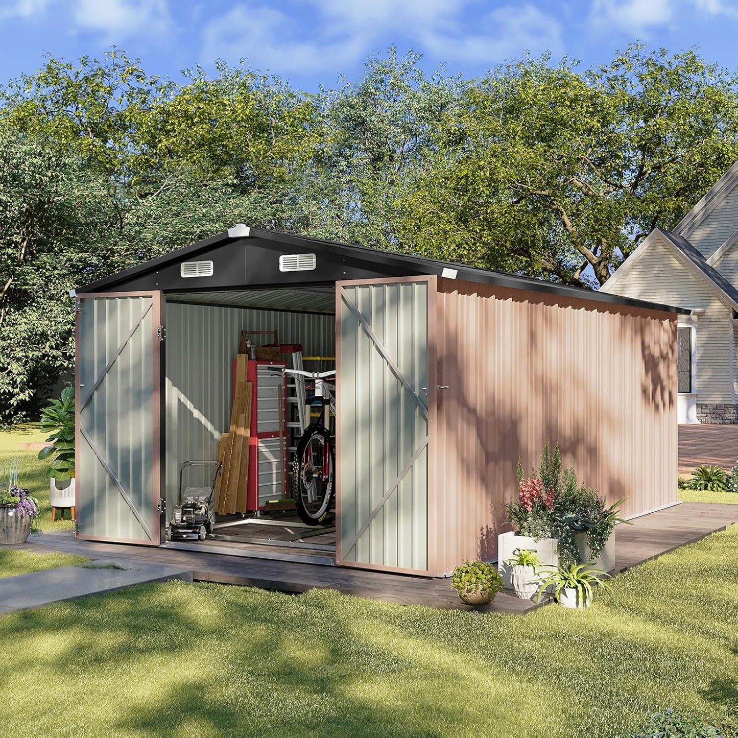 Aoxun 6.2x4 FT Shed Outdoor Storage Shed Metal Garden Shed with Lockable Doors & Slooping Roof Tool Shed Bike Shed for Backyard, Patio, Poolside (Brown)