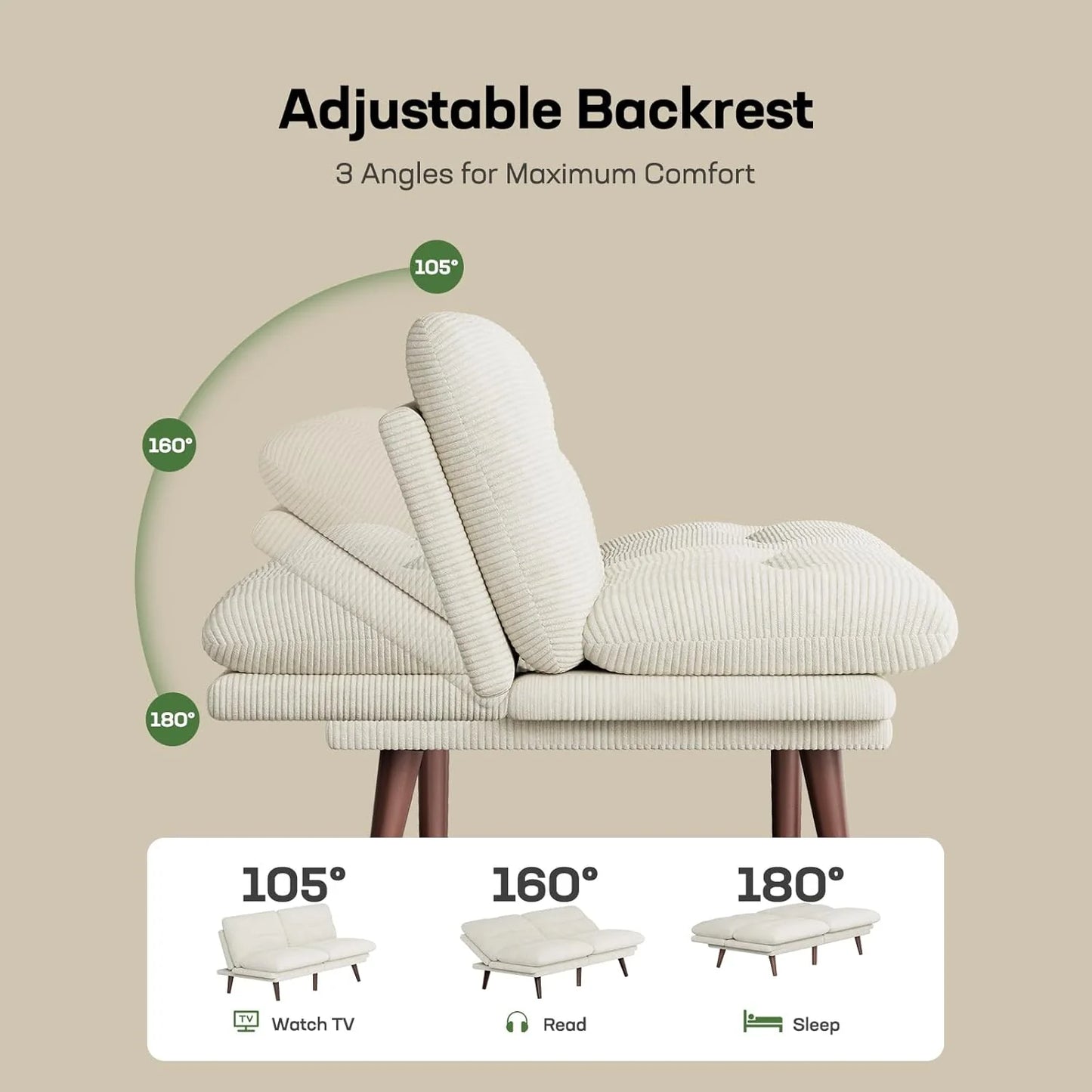 Futon Sofa Bed, Futon Sofa with Adjustable Back and Armrests, Converts to Small Sleeper Sofa Bed Corduroy Loveseat Green