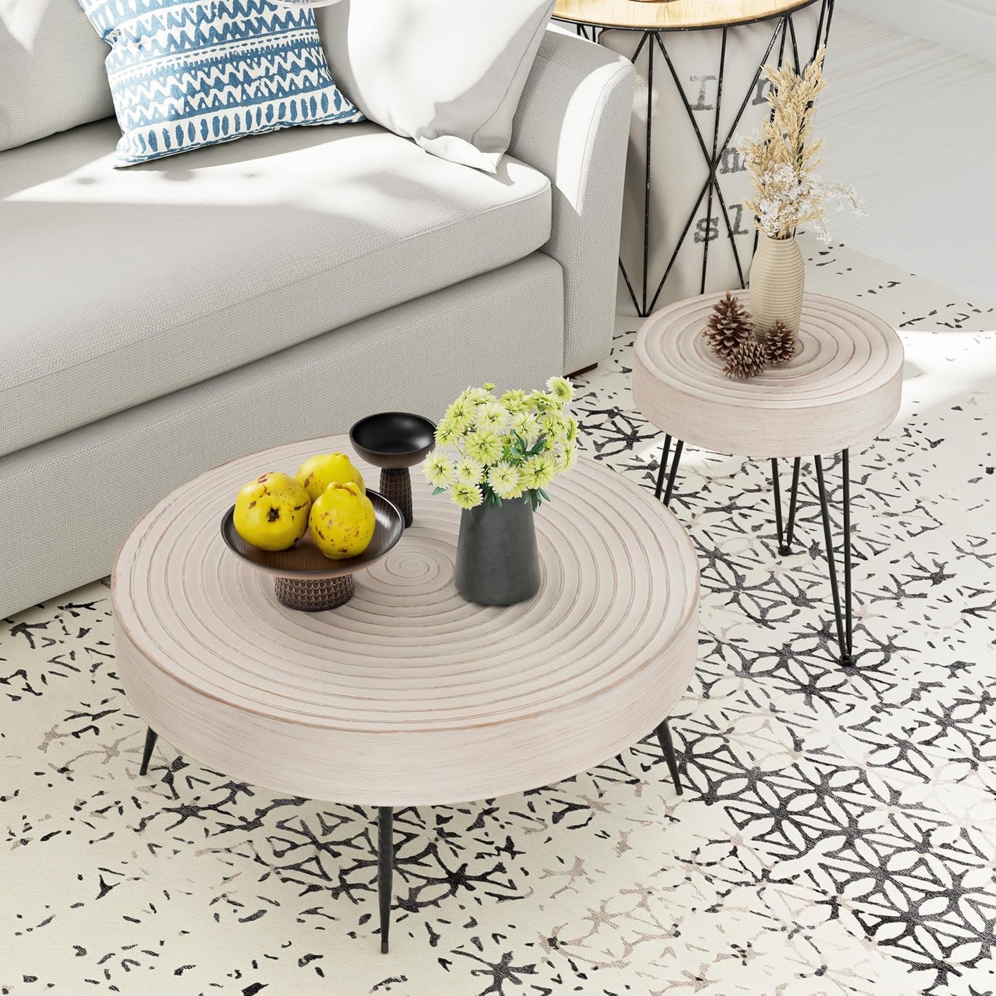 Two-Piece Modern Farmhouse Living Room Coffee Table Set, Round Nesting Tables