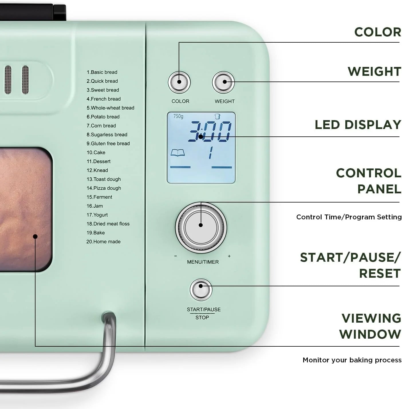 Neretva Bread Maker, 20-in-1 2LB Bread Maker Dual Heater Bread Maker Automatic with Non-Stick Ceramic Pan