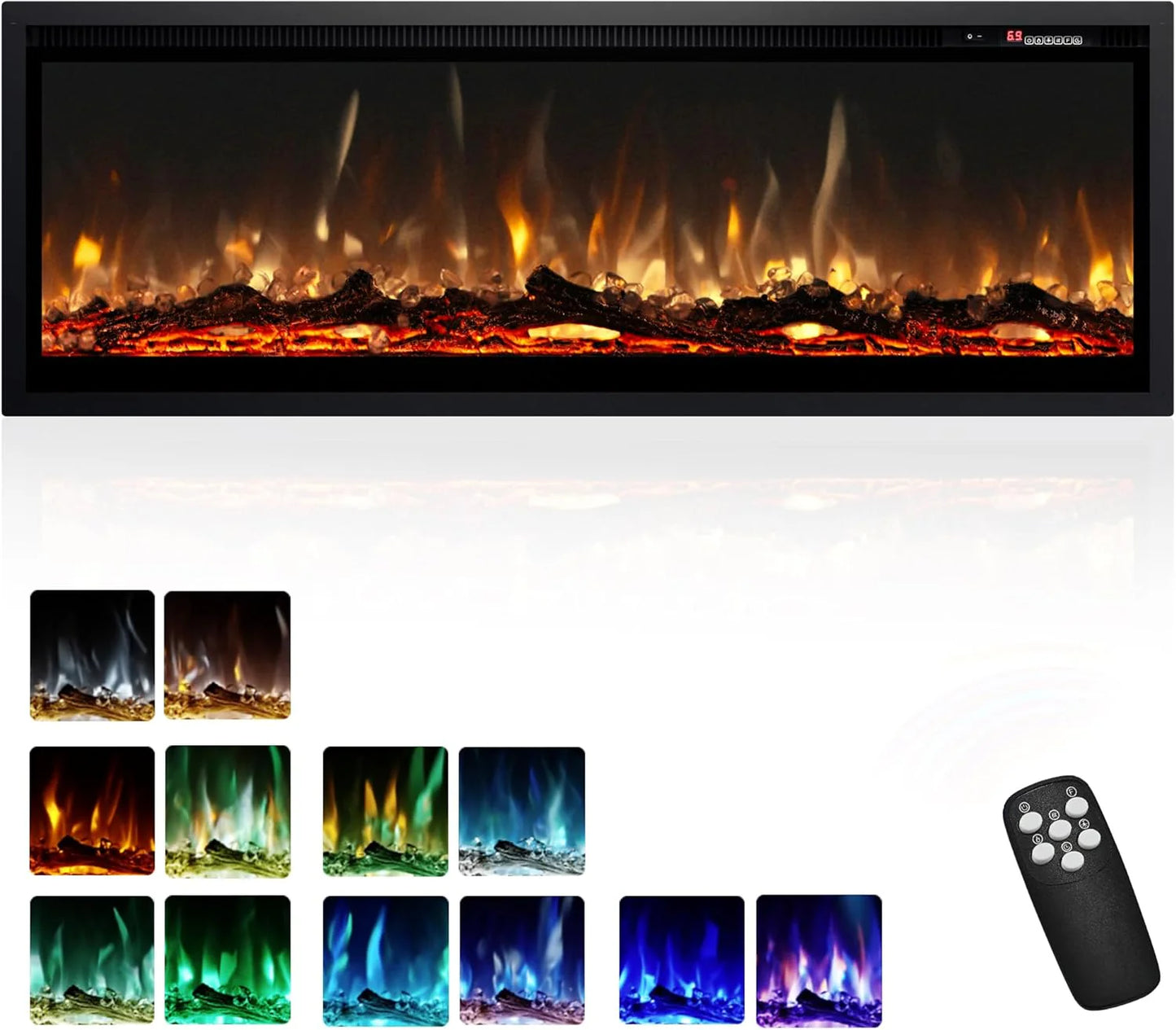 EUHOMY 50 Inch Electric Fireplace Wall Recessed and Wall Mounted with Adjustable Flame Color, Fireplace Heater with Remote Control, Linear Fireplace with Timer, Touch Screen, Log & Crystal, 750/1500W