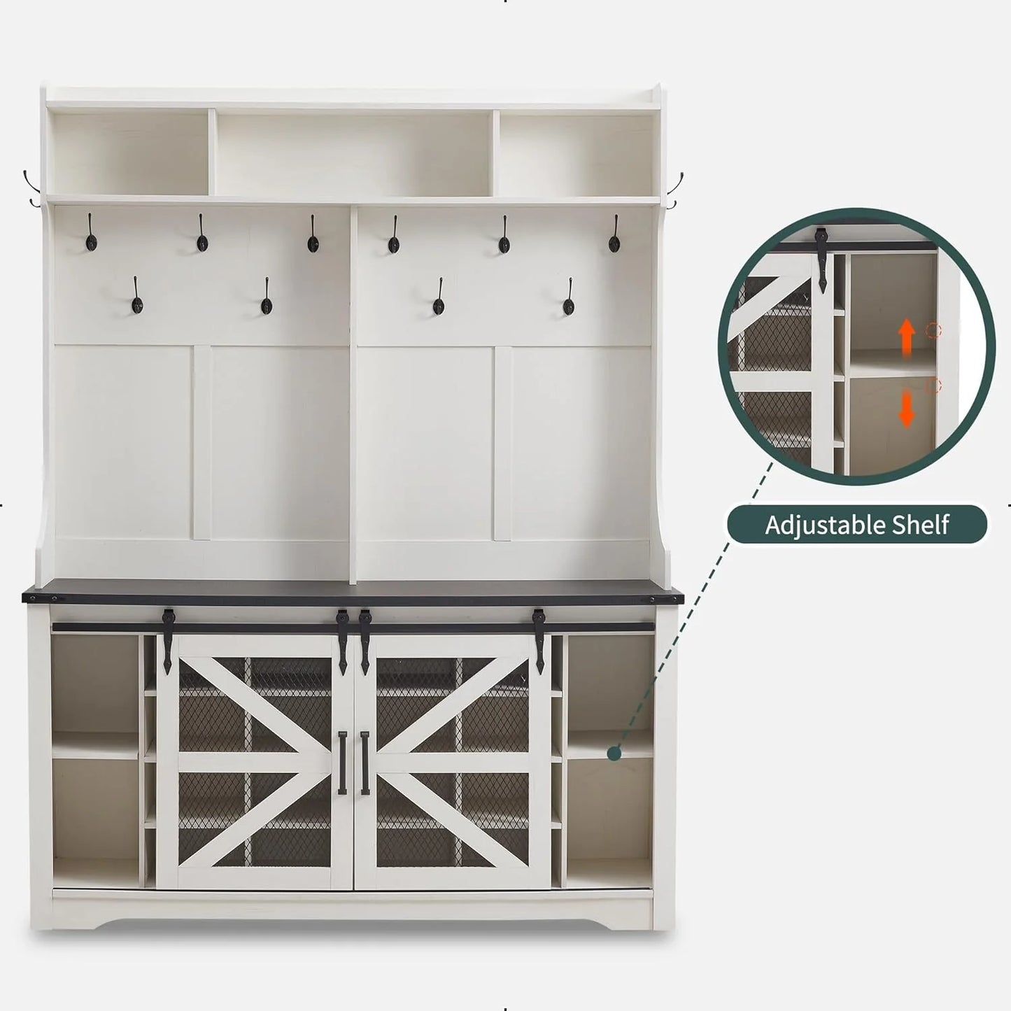 JXQTLINGMU 59-inch Farmhouse Foyer Tree with Shoe Storage, Entryway Bench Foyer Coat Rack Cabinet