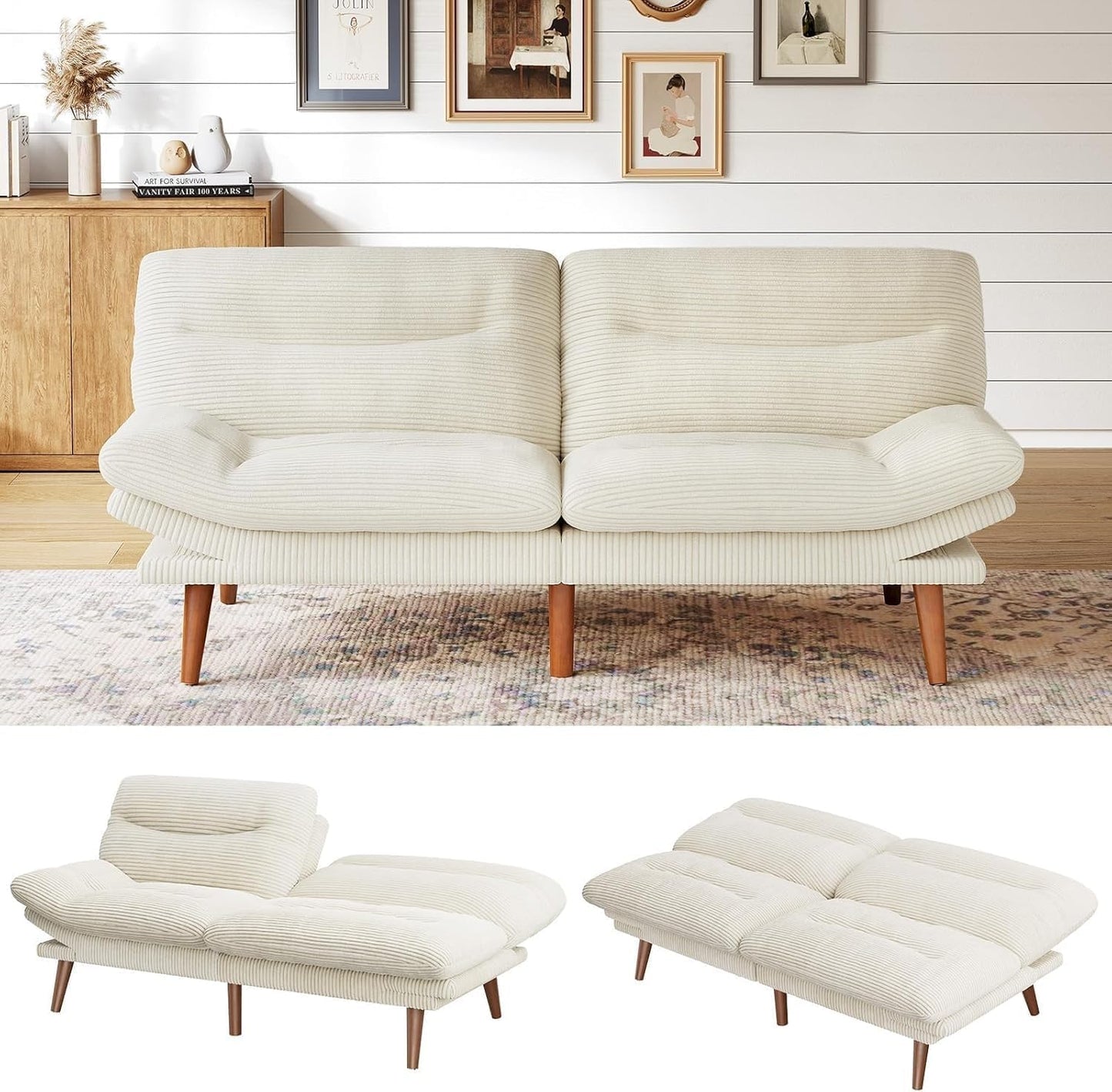 Futon Sofa Bed, Futon Sofa with Adjustable Back and Armrests, Converts to Small Sleeper Sofa Bed Corduroy Loveseat Green