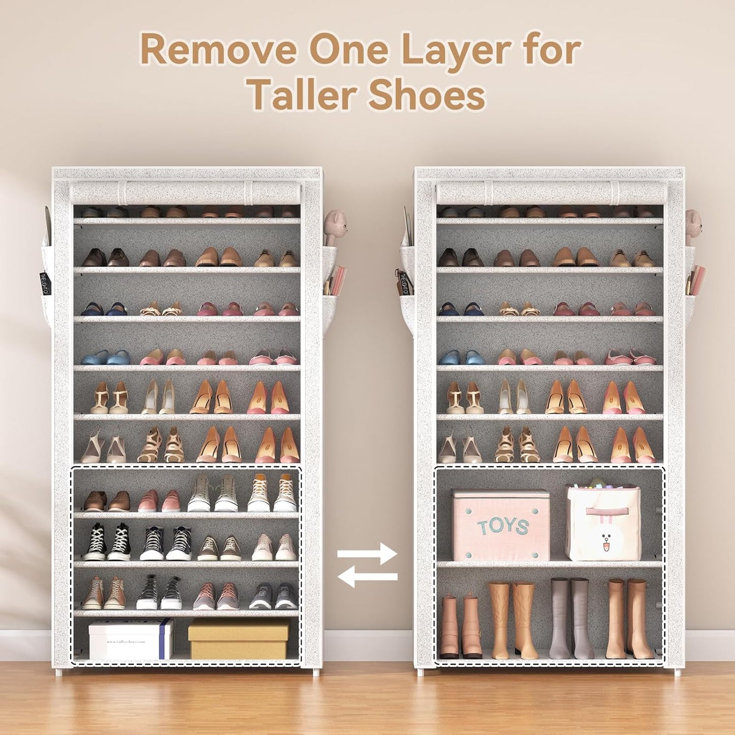 ROJASOP 10 Tier Shoe Rack with Covers,Large Capacity Stackable Tall Shoe Shelf Storage to 50-55 Pairs Shoes and Boots Sturdy Metal Free Standing Shoe Rack Organizer for Closet Entryway Garage