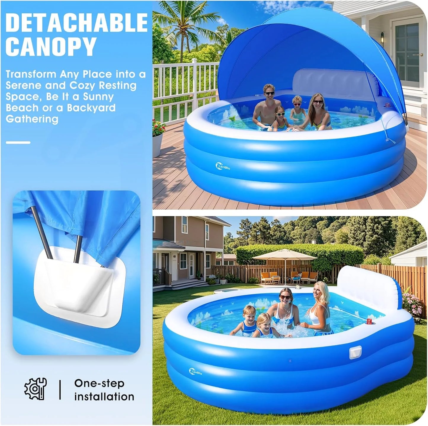 2025 Upgraded Inflatable Pool with Canopy, Inflatable Family Lounge Pool, Round Blow Up Pool for Adult with Bench & Backrest, Swim Center Easy Backyard Pools for Kids & Adults, 92"x92"x26", Blue