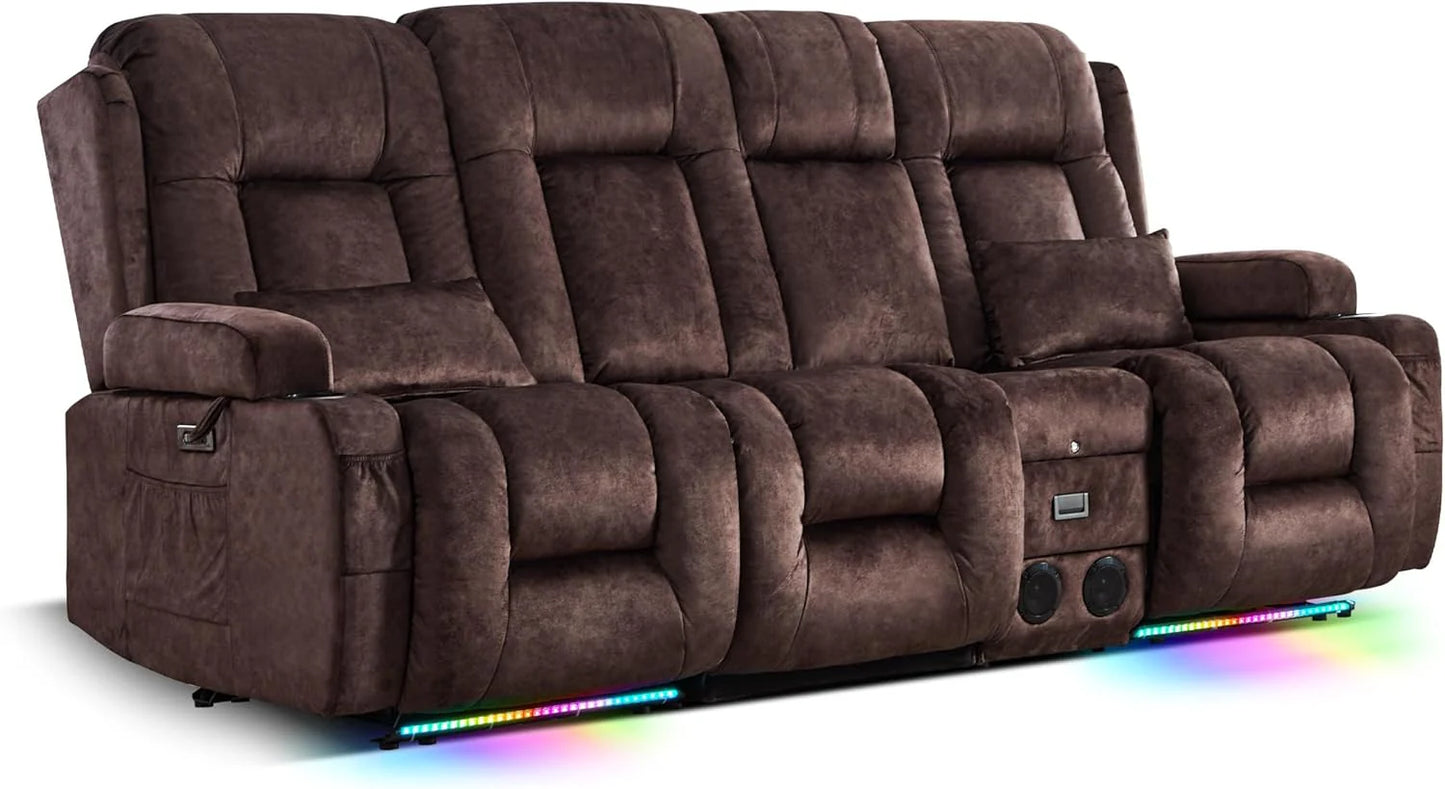 TUNYI Power Loveseat Recliner Sofa with Massage & Heat Home Theater Seating with Console Electric Recliner RV Sofa with USB/Outlet/Storage/Side Pocket/LED Light/Speaker (Brown, Loveseat)