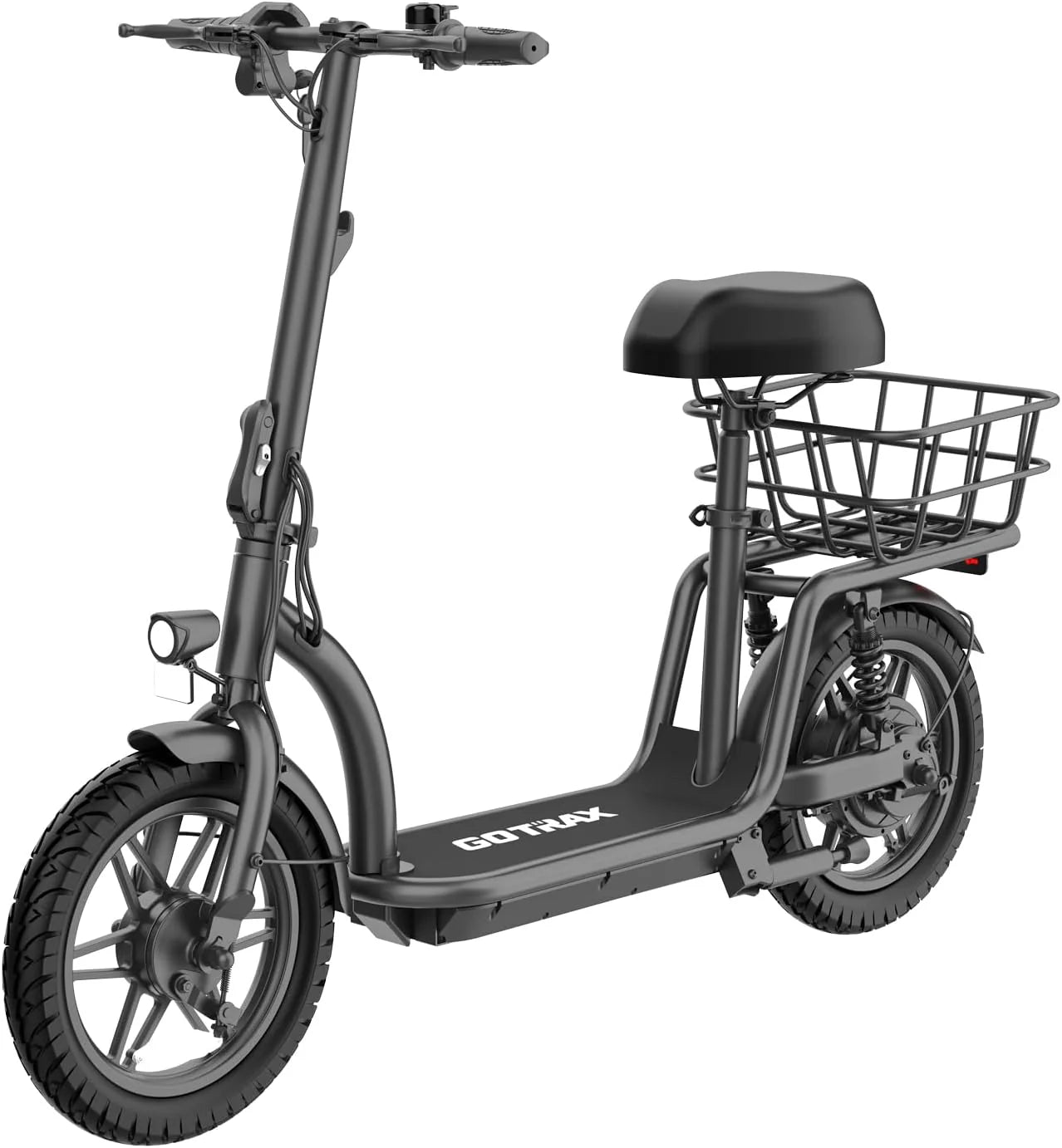 Gotrax adult electric scooter with seat, maximum range of 19-25 miles, all-terrain tires, wide pedals, padded seat, and carrycot