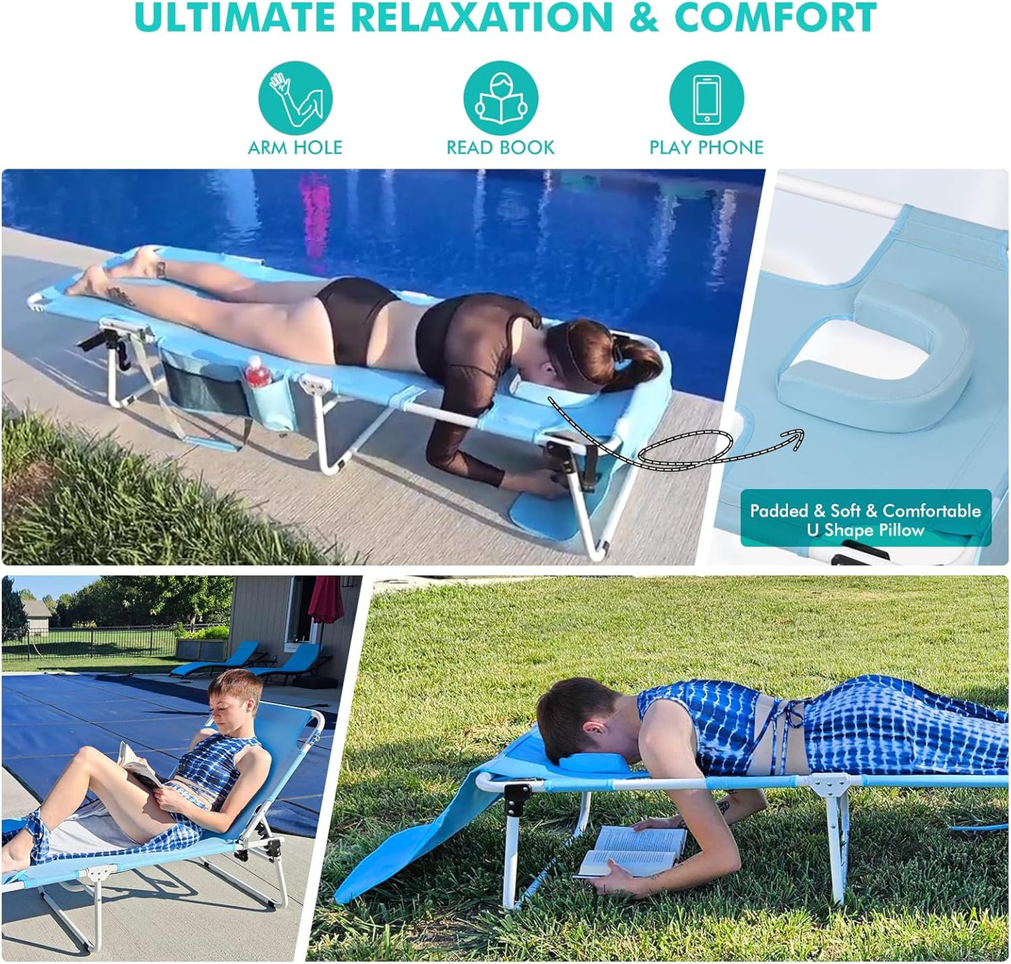 Tanning Chair with Sun Canopy Face Hole, Heavy Duty Folding Chaise Lounge Chair 5 Position Reclining for Adults Outside Reading Sunbathing Poolside Camping Beach, UPF 50+ Sun Shade, 300 LBS