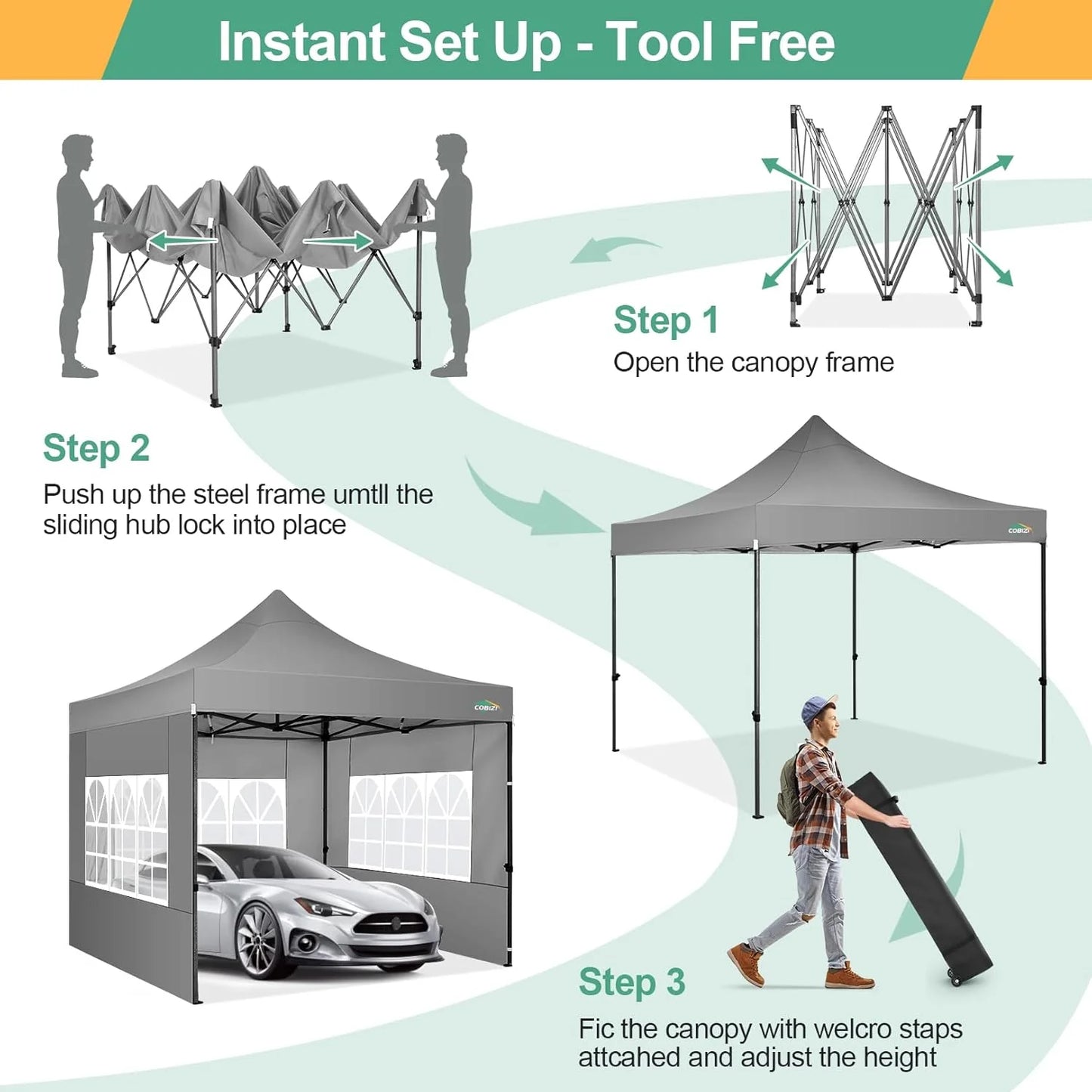 COBIZI 10x20 Heavy Duty Pop up Canopy Tent with 6 sidewalls Easy Up Commercial Outdoor Canopy Wedding Party Tents for Parties All Season Wind & Waterproof Gazebo with Roller Bag,Black(Frame Thickened)