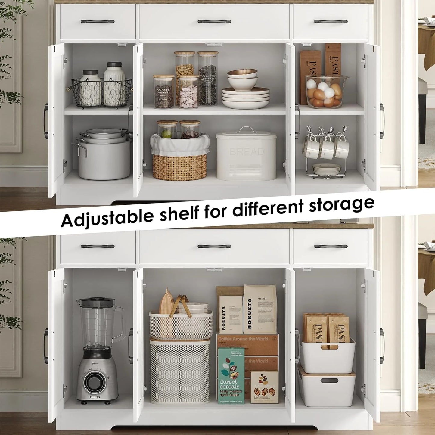 Sideboard with drawers, large 55-inch sideboard, sideboard storage with shelves and doors, modern farmhouse coffee bar wood kitchen dining table