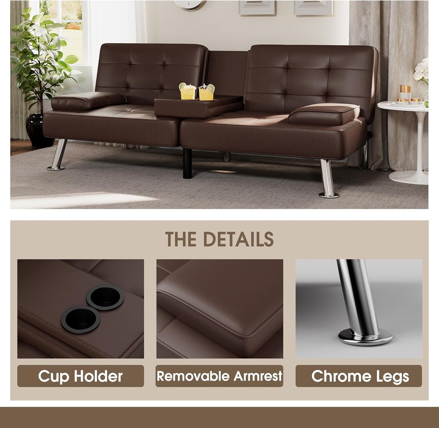 Flamaker Futon Sofa Bed Modern Folding Futon Set Convertible Recliner Lounge for Living Room with 2 Cup Holders, Removable Armrests (PU Leather, Black)