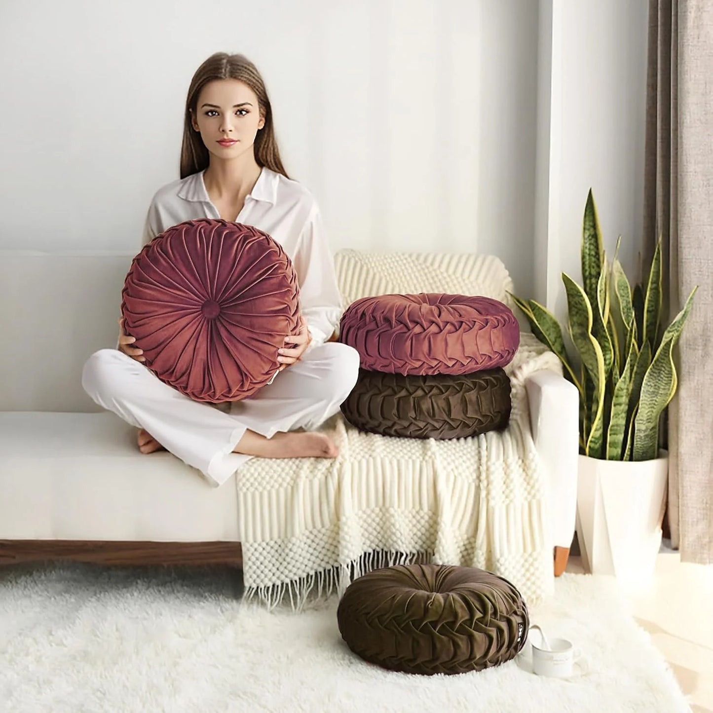 Set of 2 Decorative Round Pleated Throw Pillows