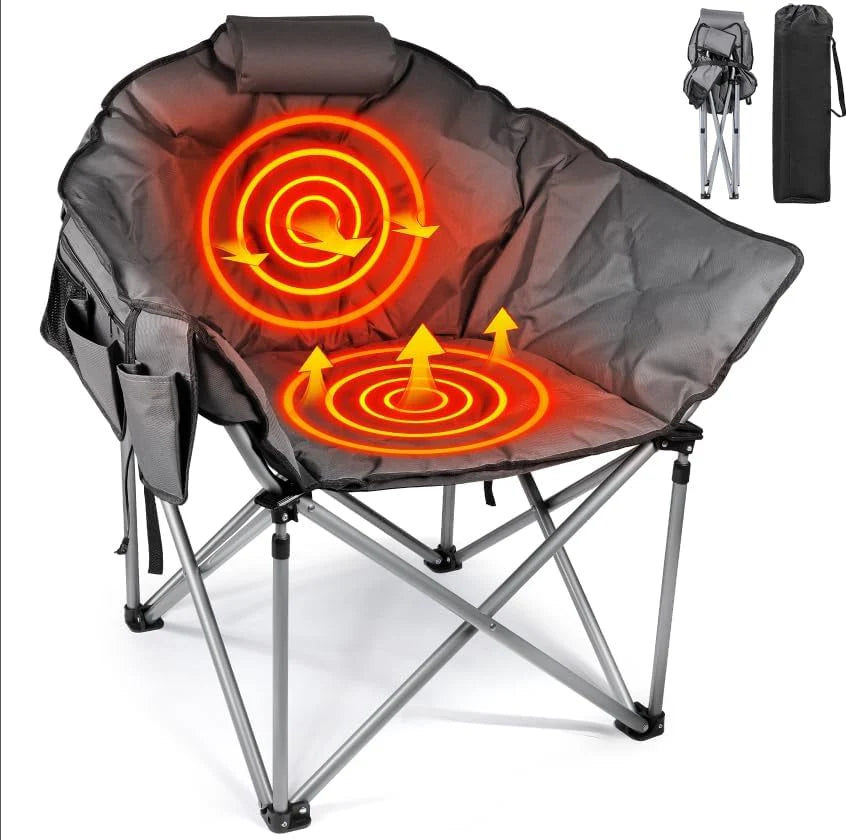 Heated Camping Chair, Extra Large Heated Chair Outdoor Sports Chair with 3 Heat Levels on Back and Seat, Portable Folding Heated Outdoor Chair (Batteries Not Included)