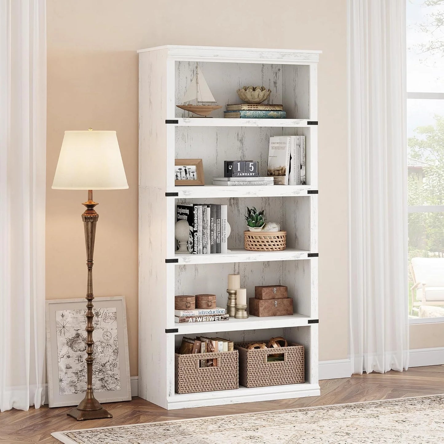 5 Tier Bookcase Farmhouse Book Shelf with Storage Open Display Bookshelves