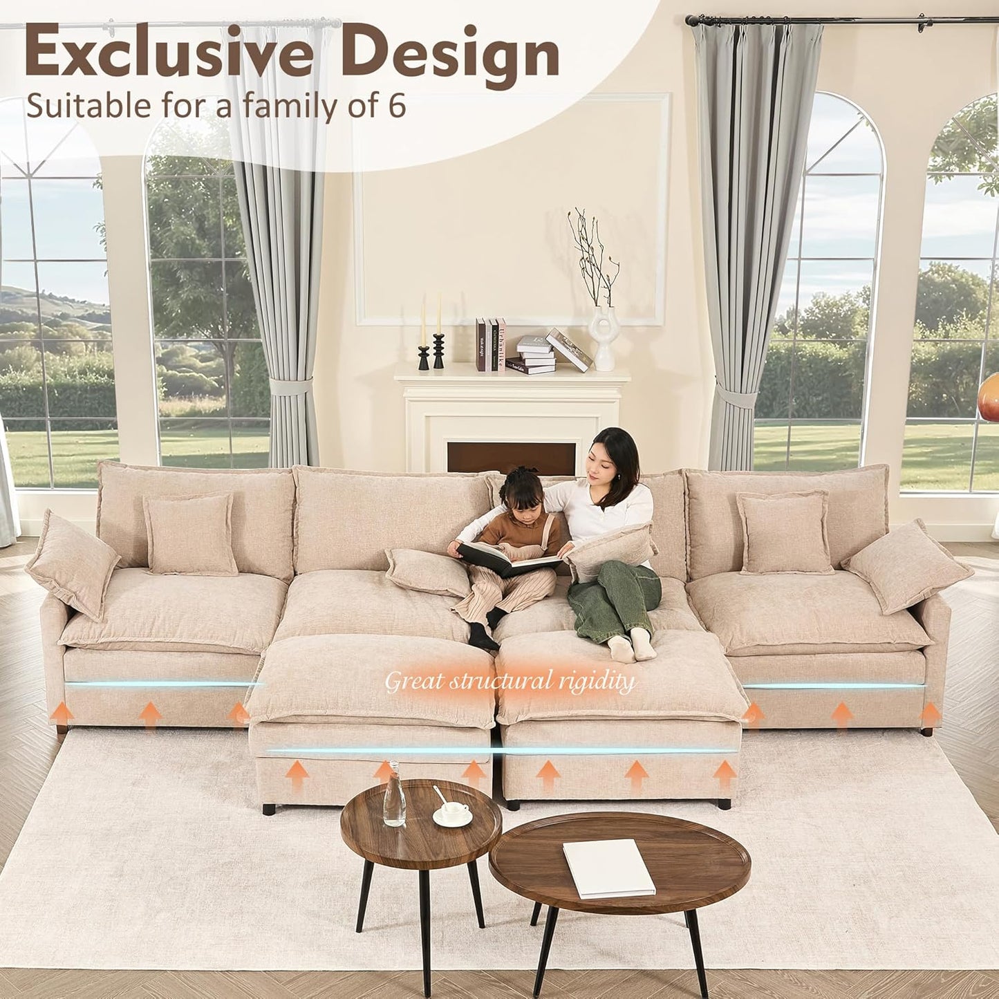 108 Inch U Shape Sofa, Sectional Sofa, Comfortable Cloud Sofa with Removable Footstool, Living Room Deep Seat Sofa, Linen, Beige