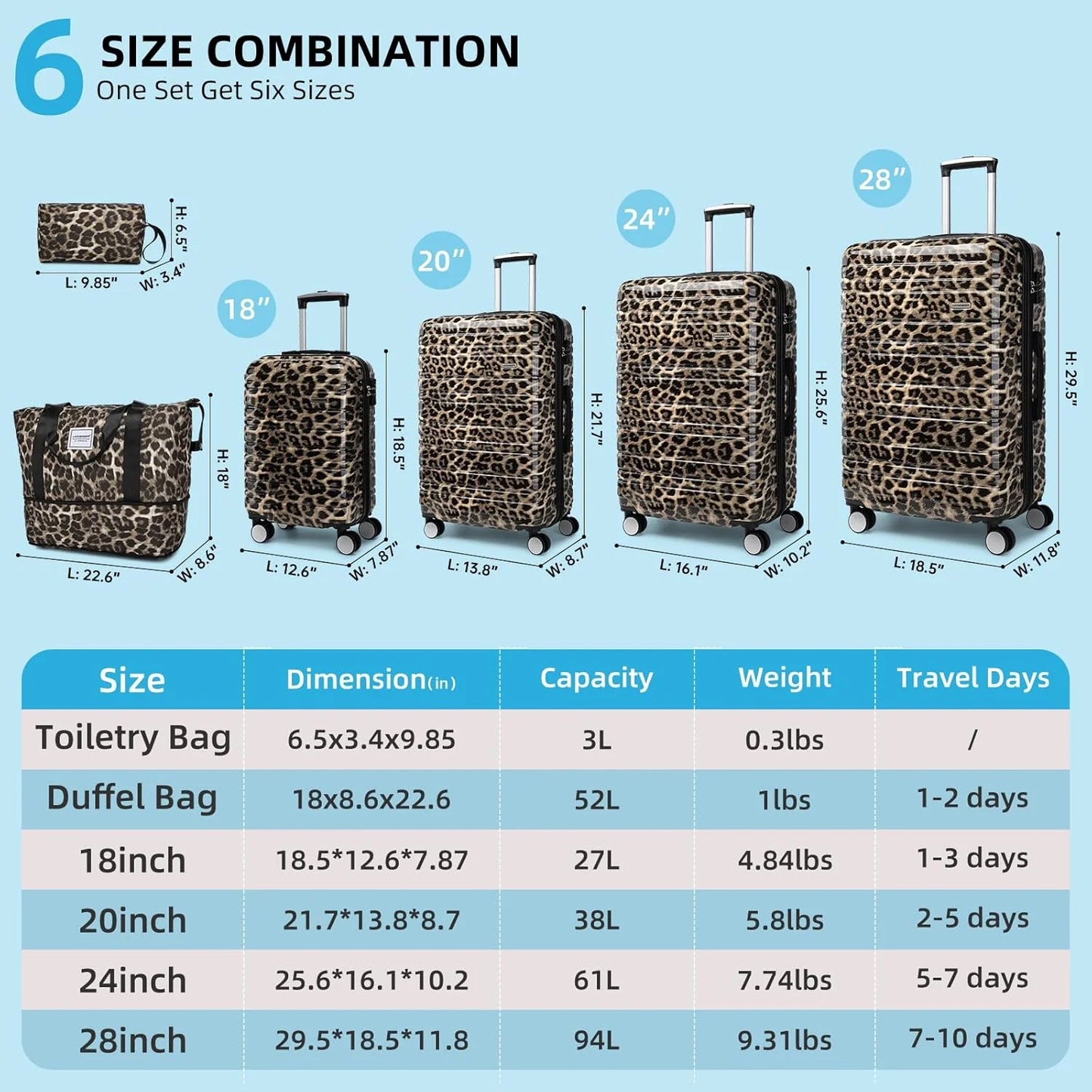 6-piece luggage set, expandable hardshell suitcase set with spinner wheels, lightweight rolling luggage set