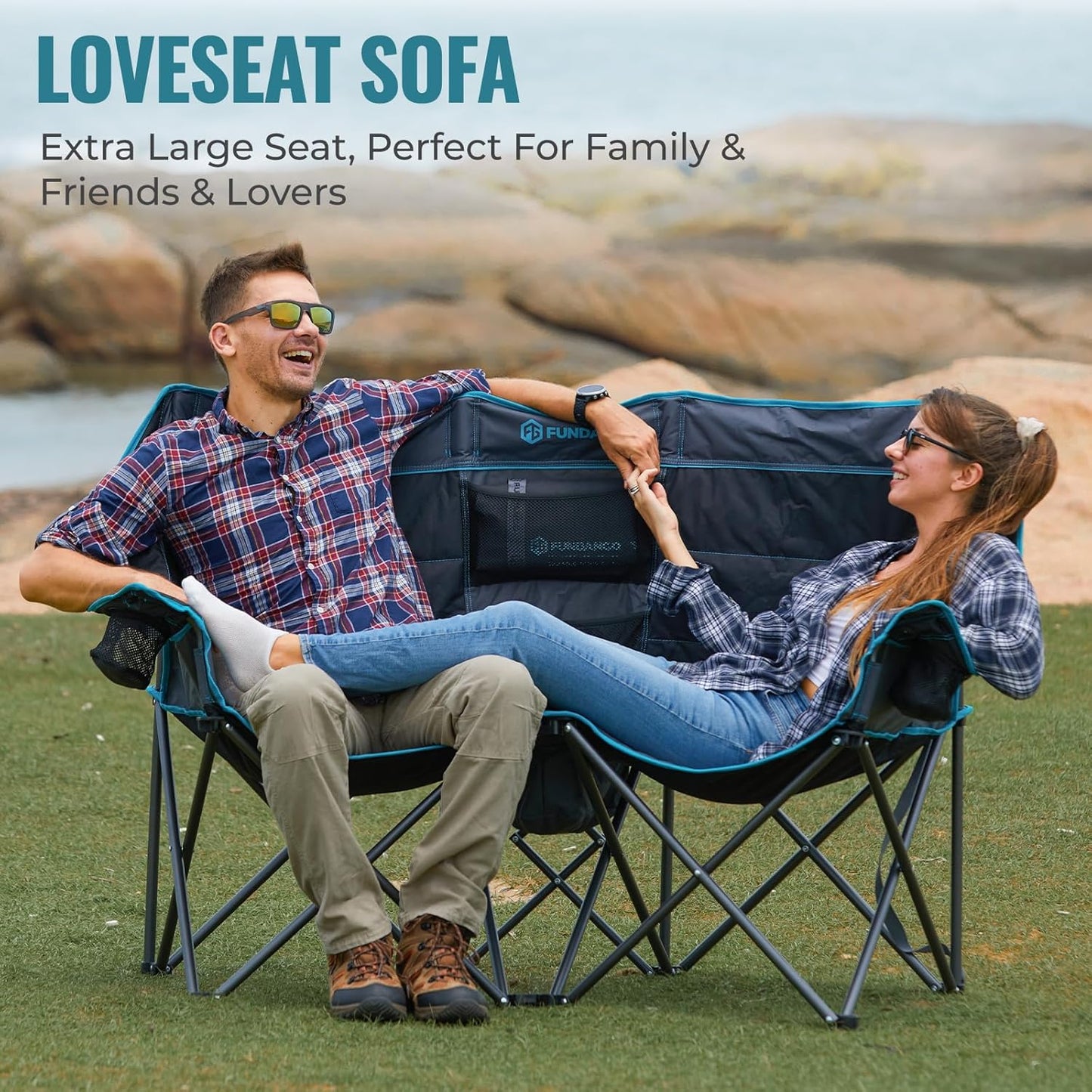 Double Camping Chair with Cooler 3-Person Folding Extra Large Camping Chair with 1000-Pound Load Capacity