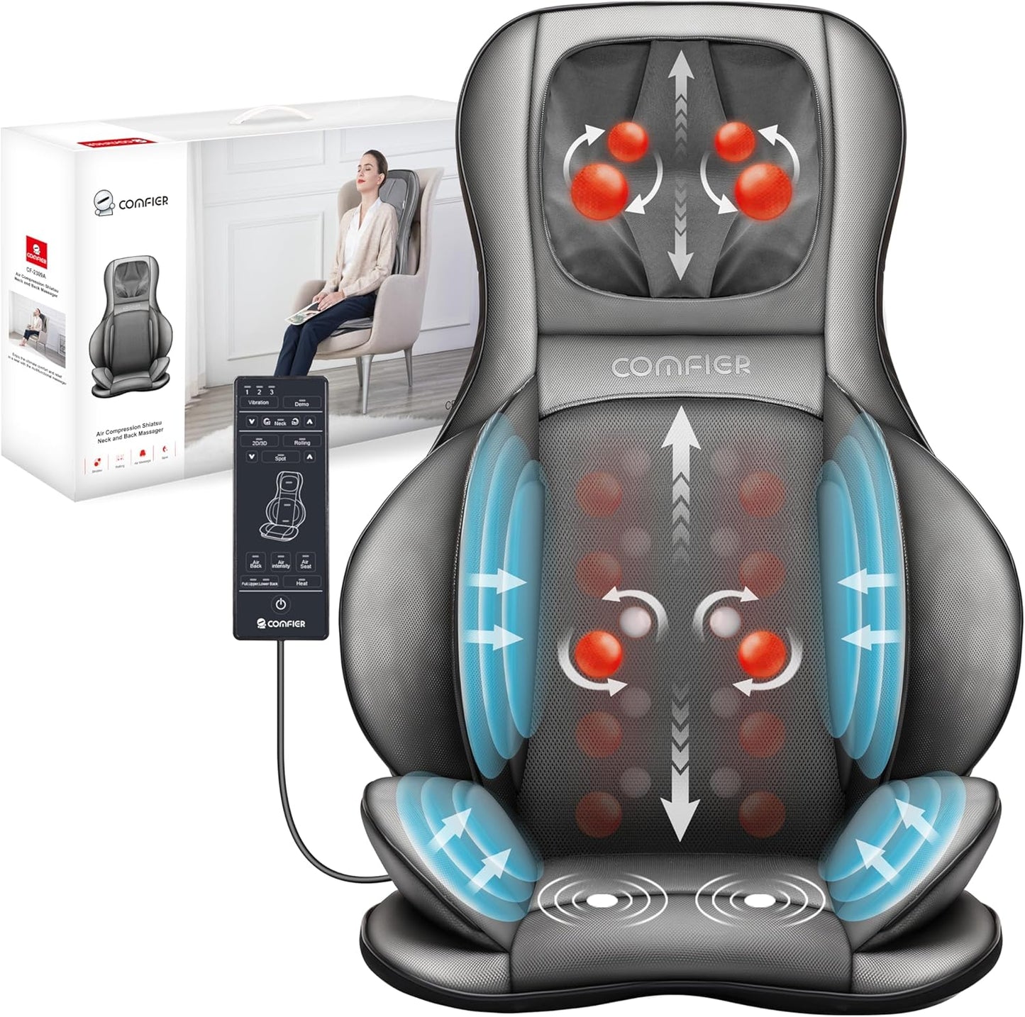 COMFIER Massager Chair with Heat Shiatsu Neck Back Massager Portable with Compress & Rolling Massage Chair Pad for Full Back Neck & Shoulders Full Body Pain