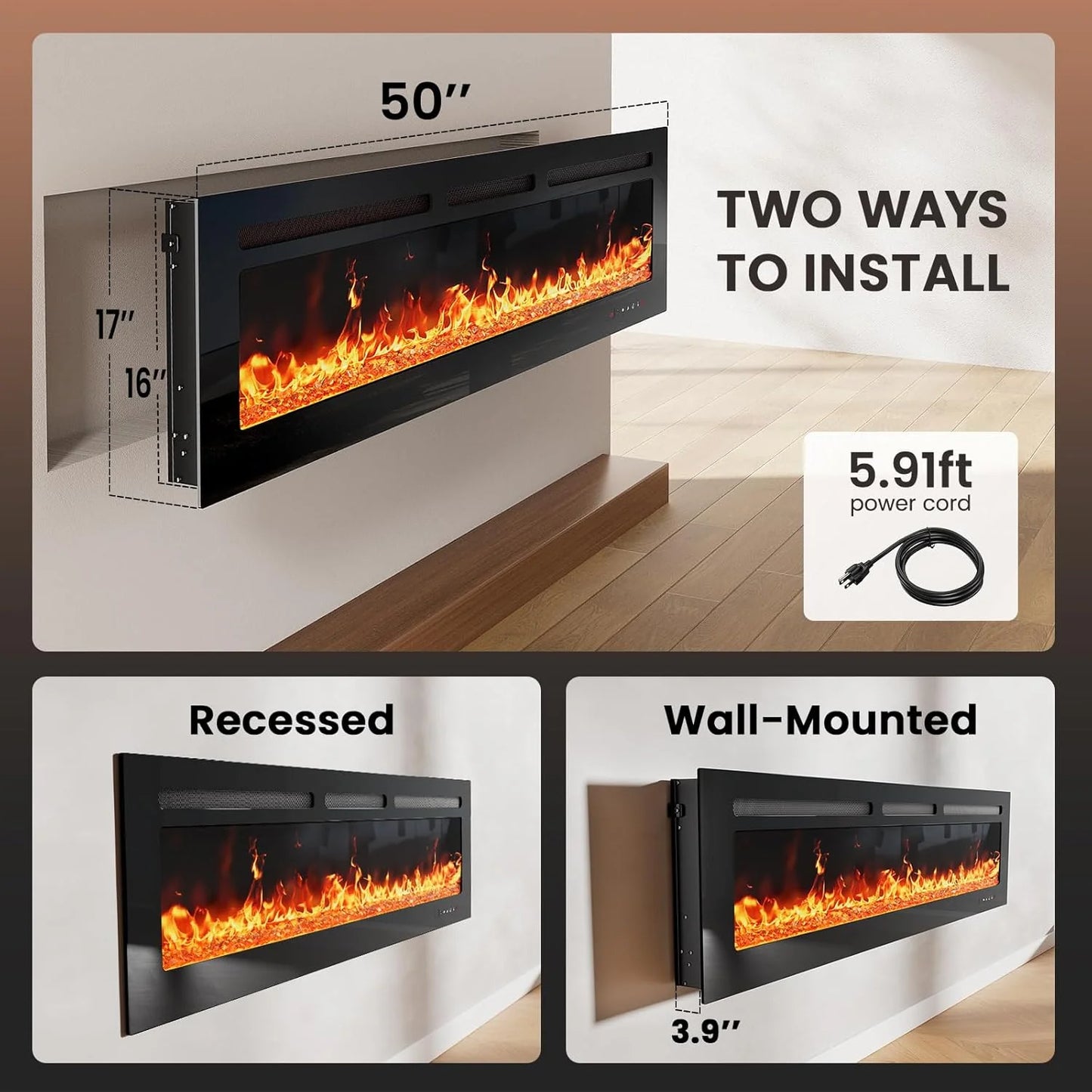 50" Smart Electric Fireplace 5300 BTU Heat Output, Ultra-Slim Wall-Mount or Built-In Electric Fireplace