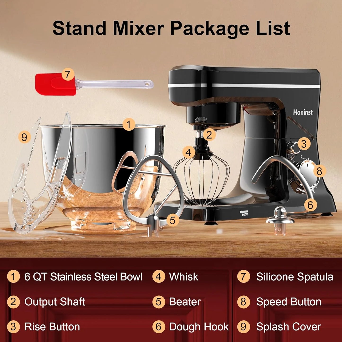 10-Speed Stand Mixer with 8-in-1 Splash Guard, Tilt Head, 6-Quart Stainless Steel Bowl + Dishwasher-Safe Dough Hook/Whisk/Blender/Scraper
