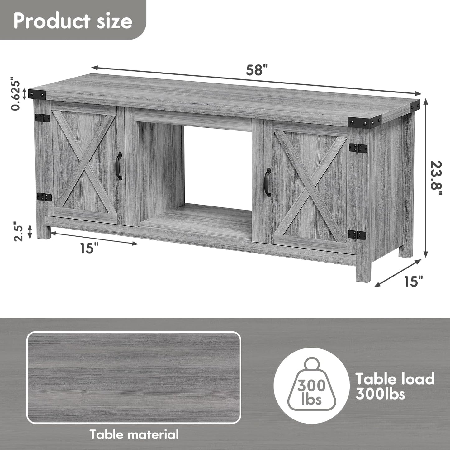 YESHOMY Fireplace TV Stand with Two Barn Doors and Storage Cabinets for Televisions up to 65+ Inch, Entertainment Center Console Table, Media Furniture for Living Room, 58 Inch