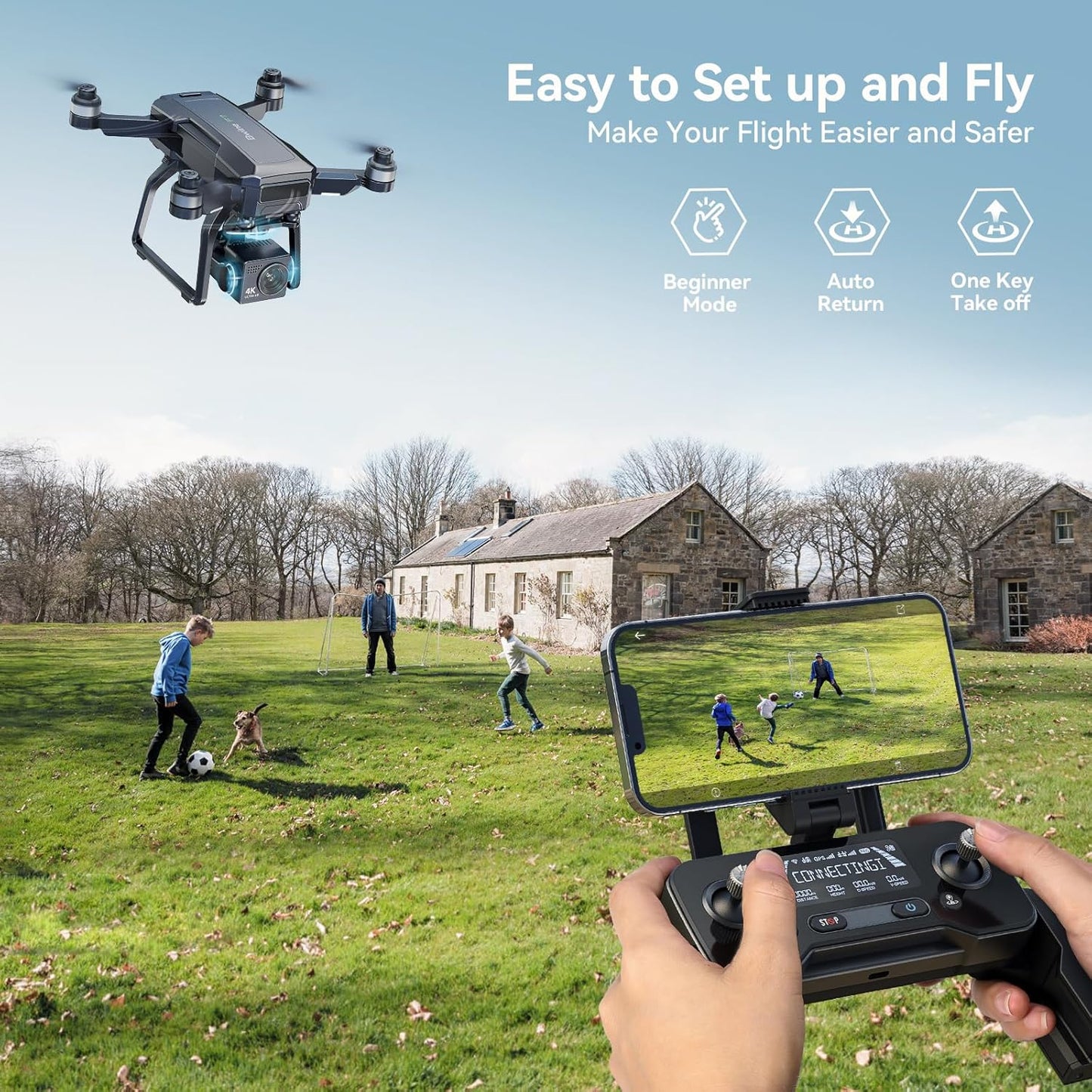 Adult-specific camera drone with 4K UHD aerial photography, 3-axis gimbal, 10,000-foot control, 3 batteries for 75 minutes of flight time, and GPS tracking