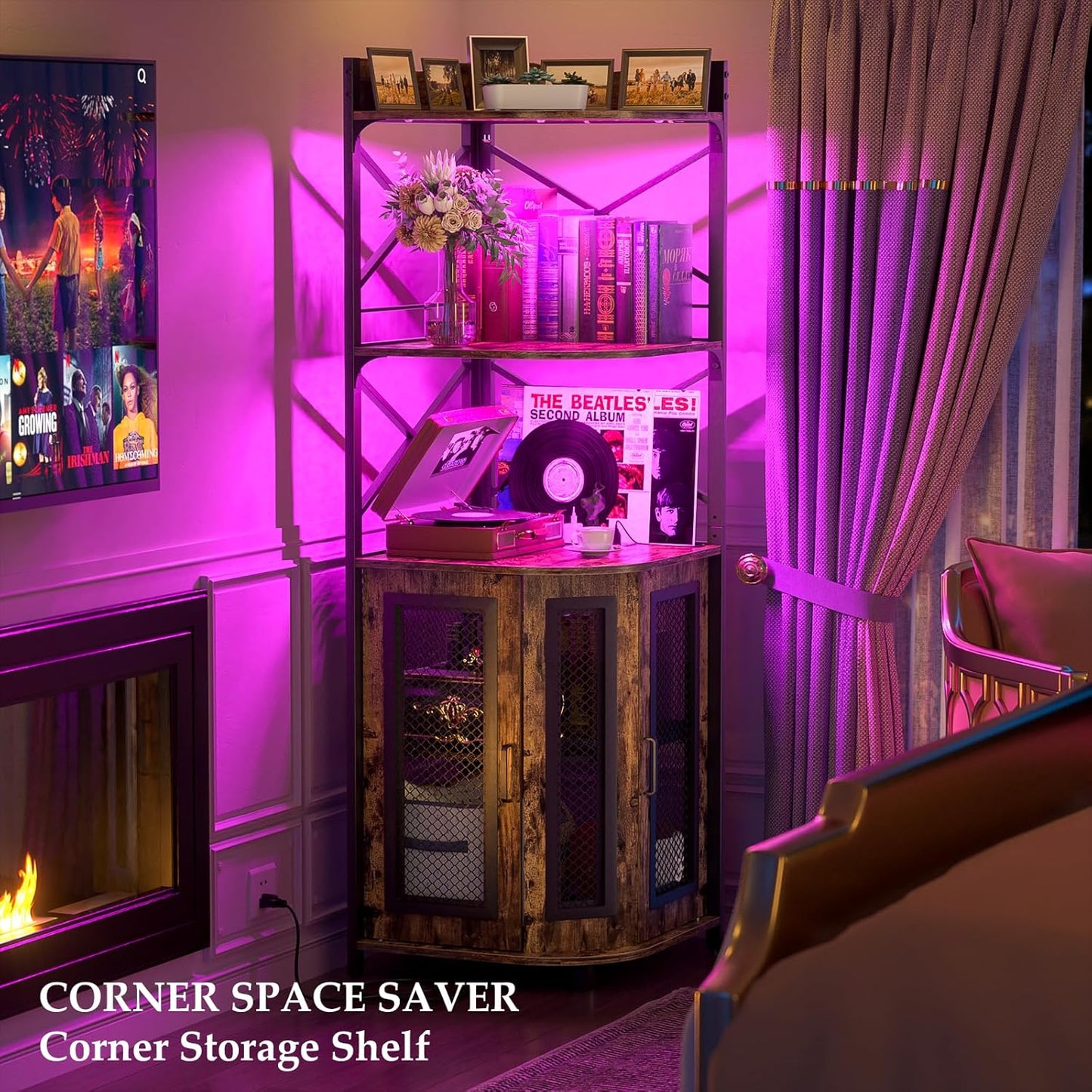 Corner bar cabinet with power socket, industrial style wine cabinet with LED light strip and glass rack, home five-layer wine cabinet bar unit, small space corner display cabinet