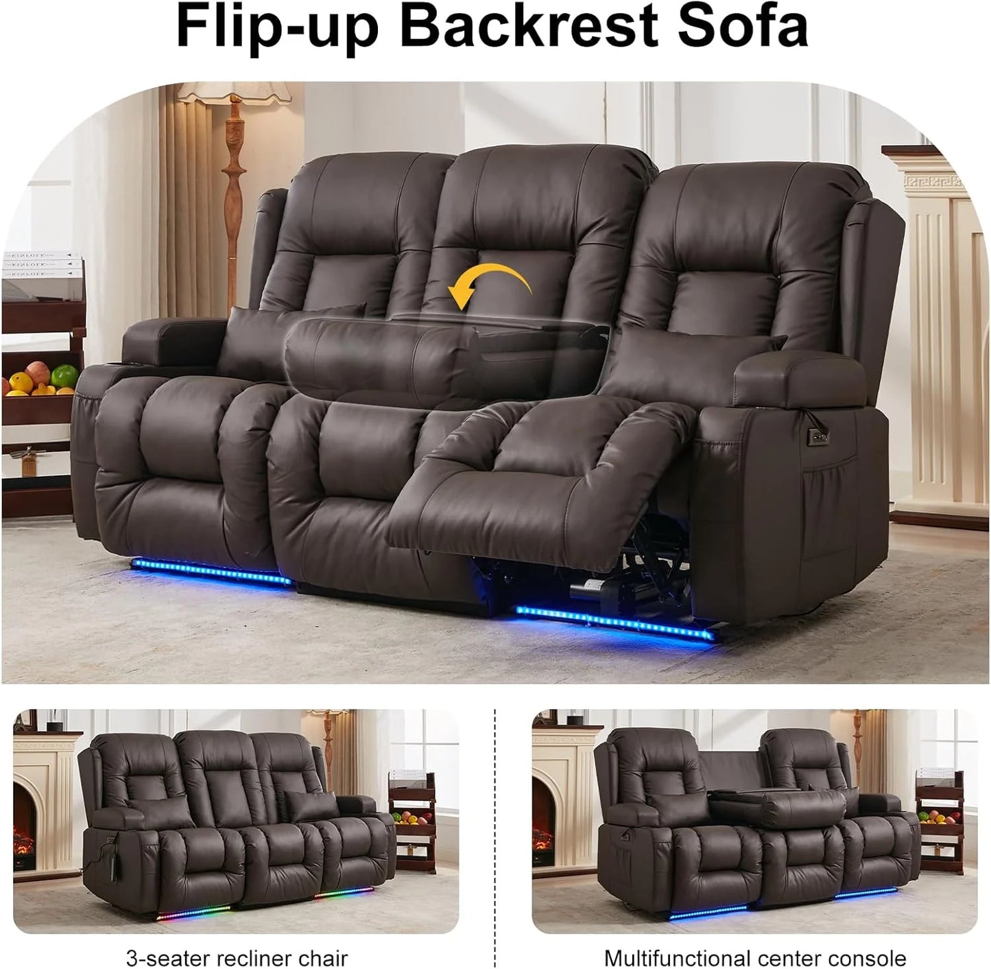 TUNYI Power Loveseat Recliner Sofa with Massage & Heat Home Theater Seating with Console Electric Recliner RV Sofa with USB/Outlet/Storage/Side Pocket/LED Light/Speaker (Brown, Loveseat)