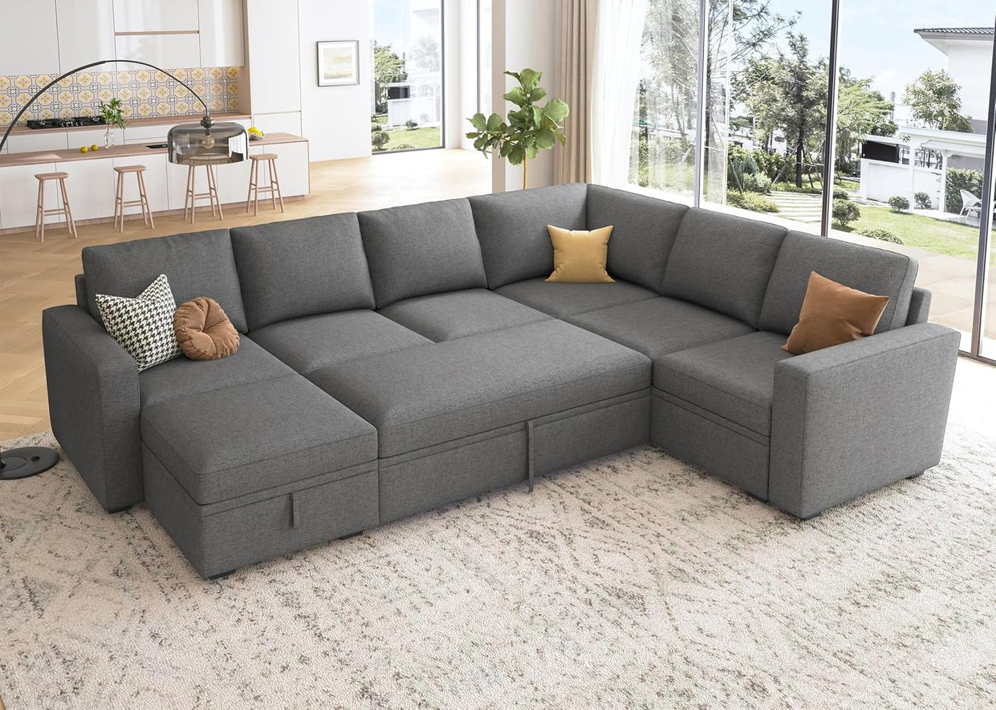 HONBAY Modular Sectional Sleeper Sofa with Pull Out Bed, L Shaped Couch with Storage Seat, Convertible Sectional Couches for Living Room