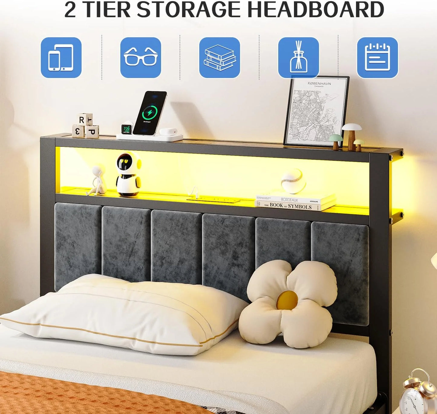 Queen Size Bed Frame with 2-Tier Storage Shelves Headboard, Platform Bed with Charging Station, LED Lights No Box Spring Needed Noise Free