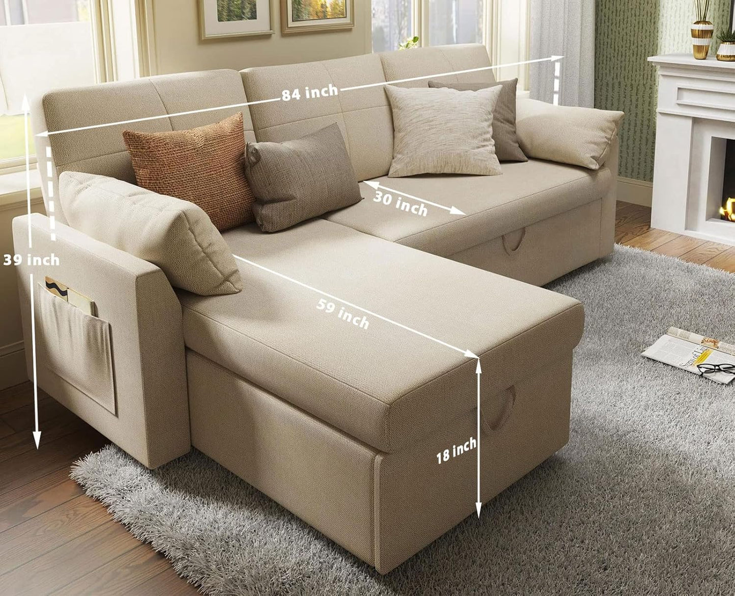VanAcc Sofa Bed, Sleeper Sofa with Storage Chaise- 2 in 1 Pull Out Couch Living Room, Comfy Sleeper Couch