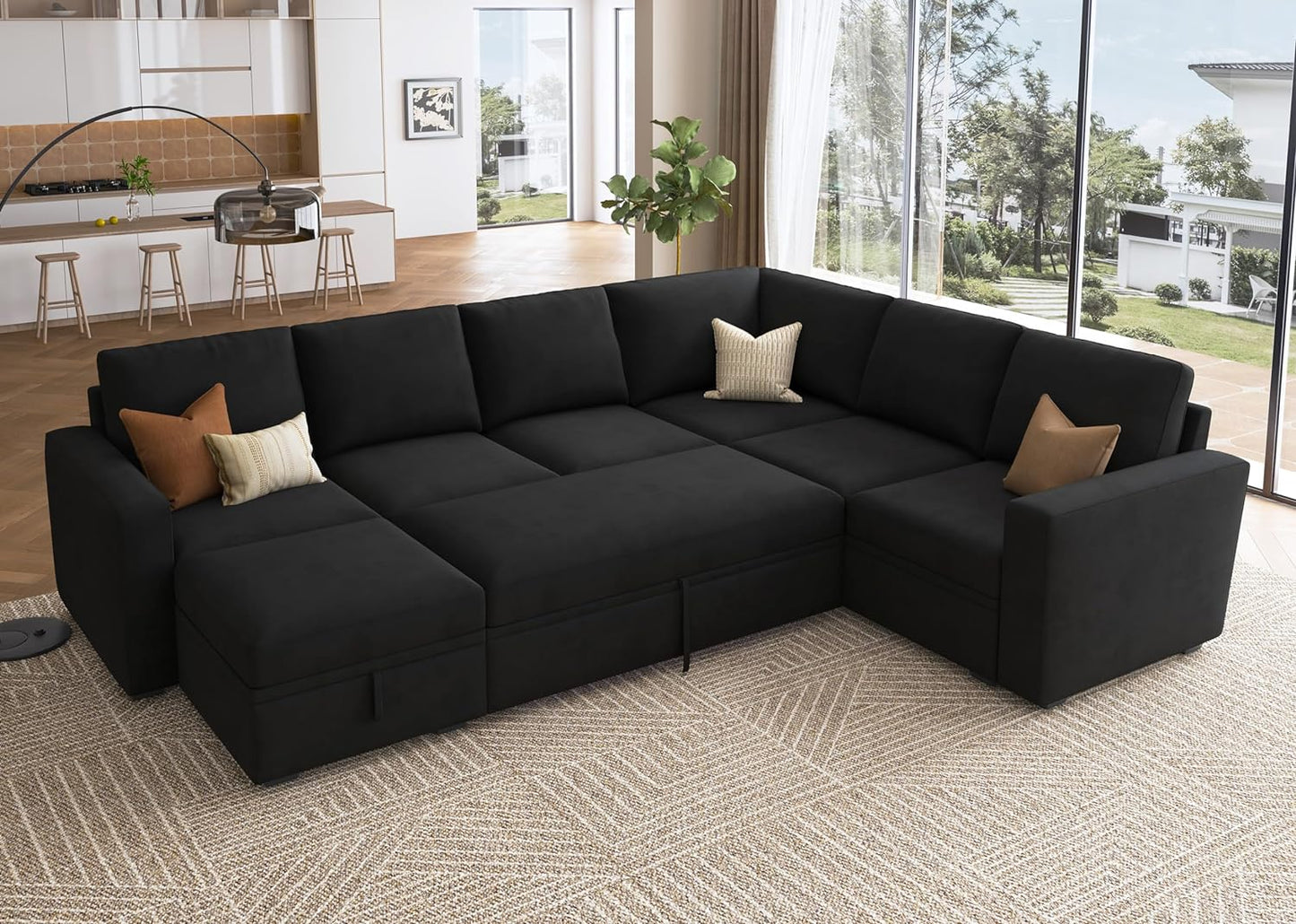 HONBAY Modular Sectional Sleeper Sofa with Pull Out Bed, L Shaped Couch with Storage Seat, Convertible Sectional Couches for Living Room