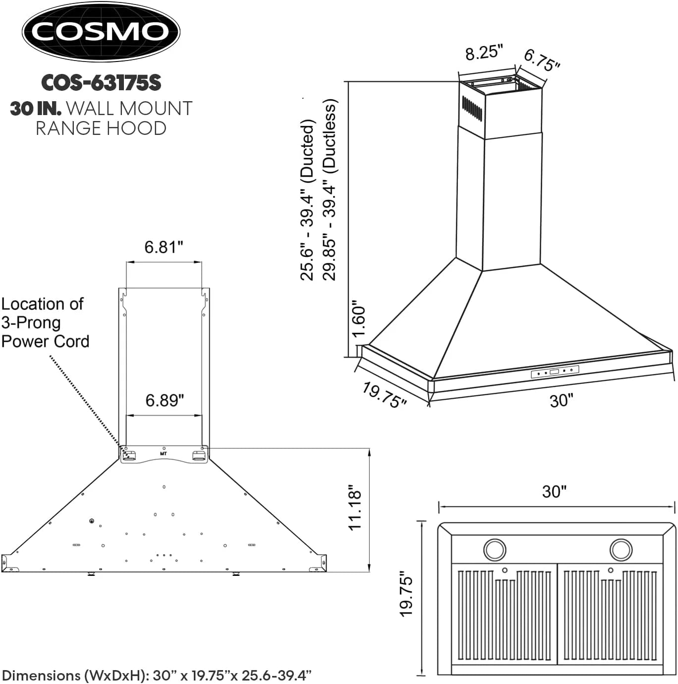 COSMO 30" Vista Series 380 CFM Ducted Wall-Mount Range Hood
