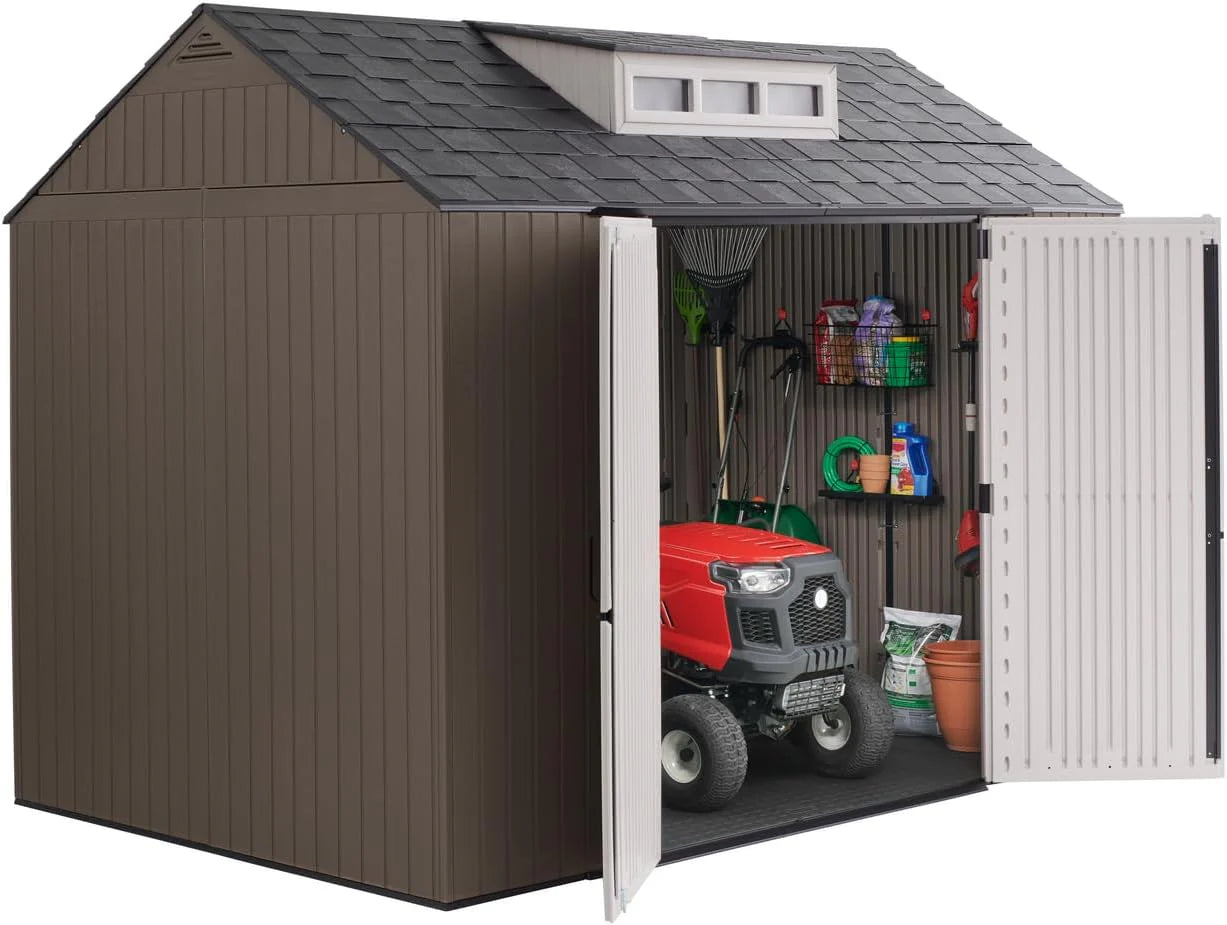 Rubbermaid Resin Outdoor Storage Shed With Floor (7 x 7 Ft) Weather Resistant Gray Organization for Home/Backyard/Garden Tools/Lawn Mower/Bike Storage/Pool Supplies