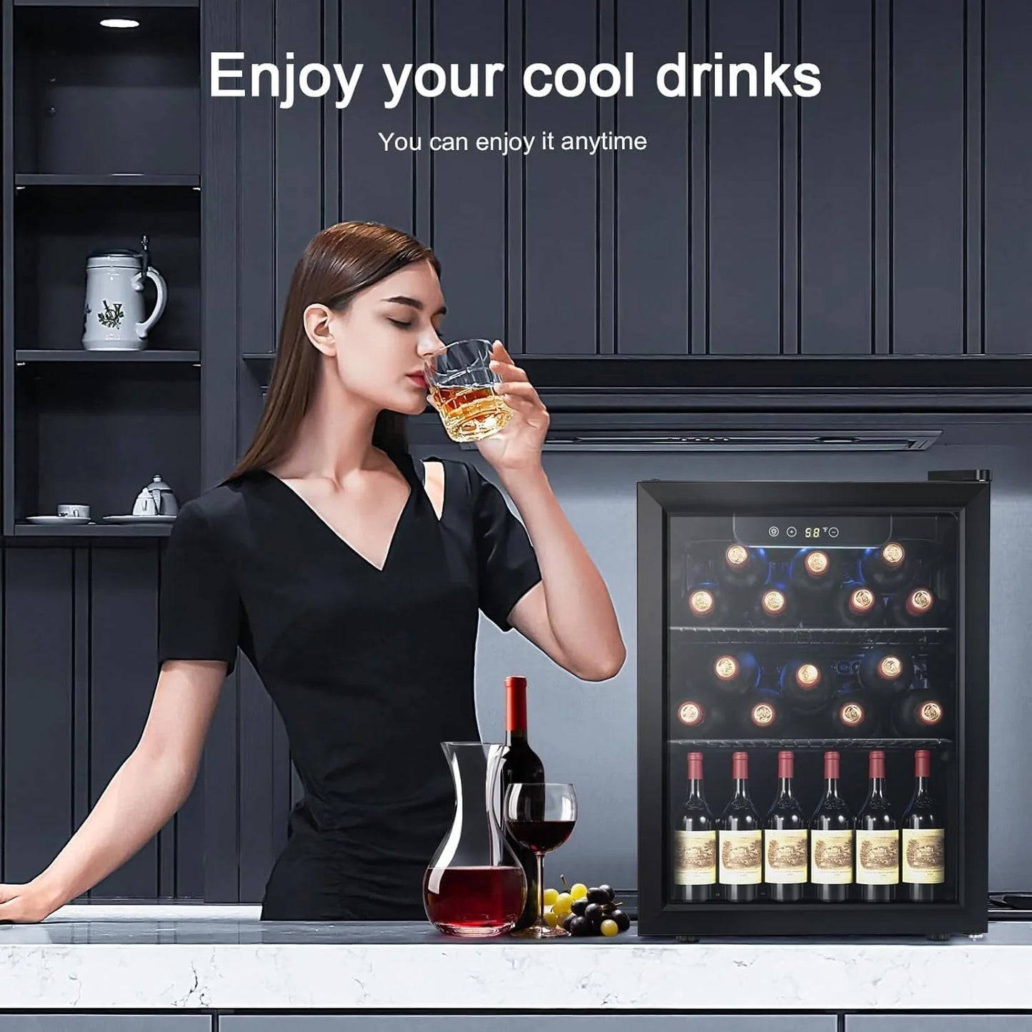 Antarctic Star 26 Bottle 130 Can Wine Cooler/Cabinet Beverage Refrigerator Mini Wine Cellar Beer Soda Clear Glass Door Bar Fridge Quiet Compressor Adjust Temp Freestanding Indoor Use 3.2cu.ft Black
