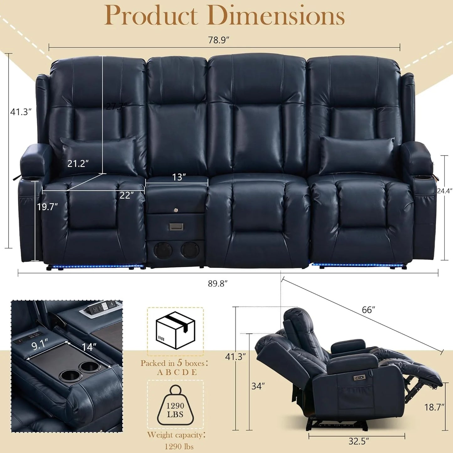 TUNYI Power Loveseat Recliner Sofa with Massage & Heat Home Theater Seating with Console Electric Recliner RV Sofa with USB/Outlet/Storage/Side Pocket/LED Light/Speaker (Brown, Loveseat)