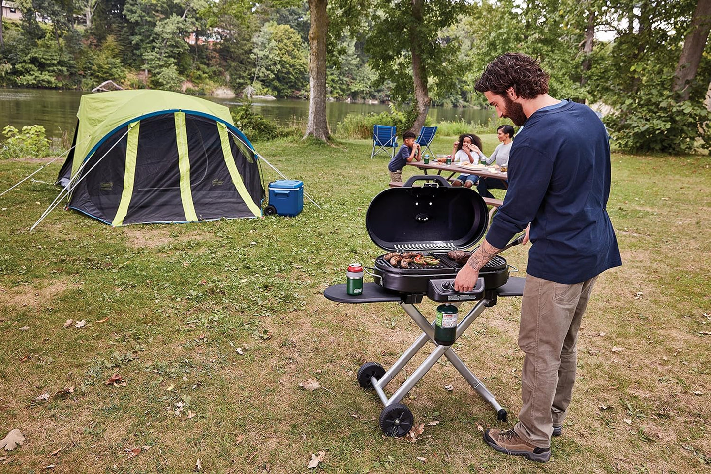 RoadTrip 285 Portable Stand-Up Propane Grill with 3 Adjustable Burners & Instastart Ignition, 20,000 BTUs of Power for Outdoor Cooking, Camping, Tailgating, Grilling, BBQs, & More