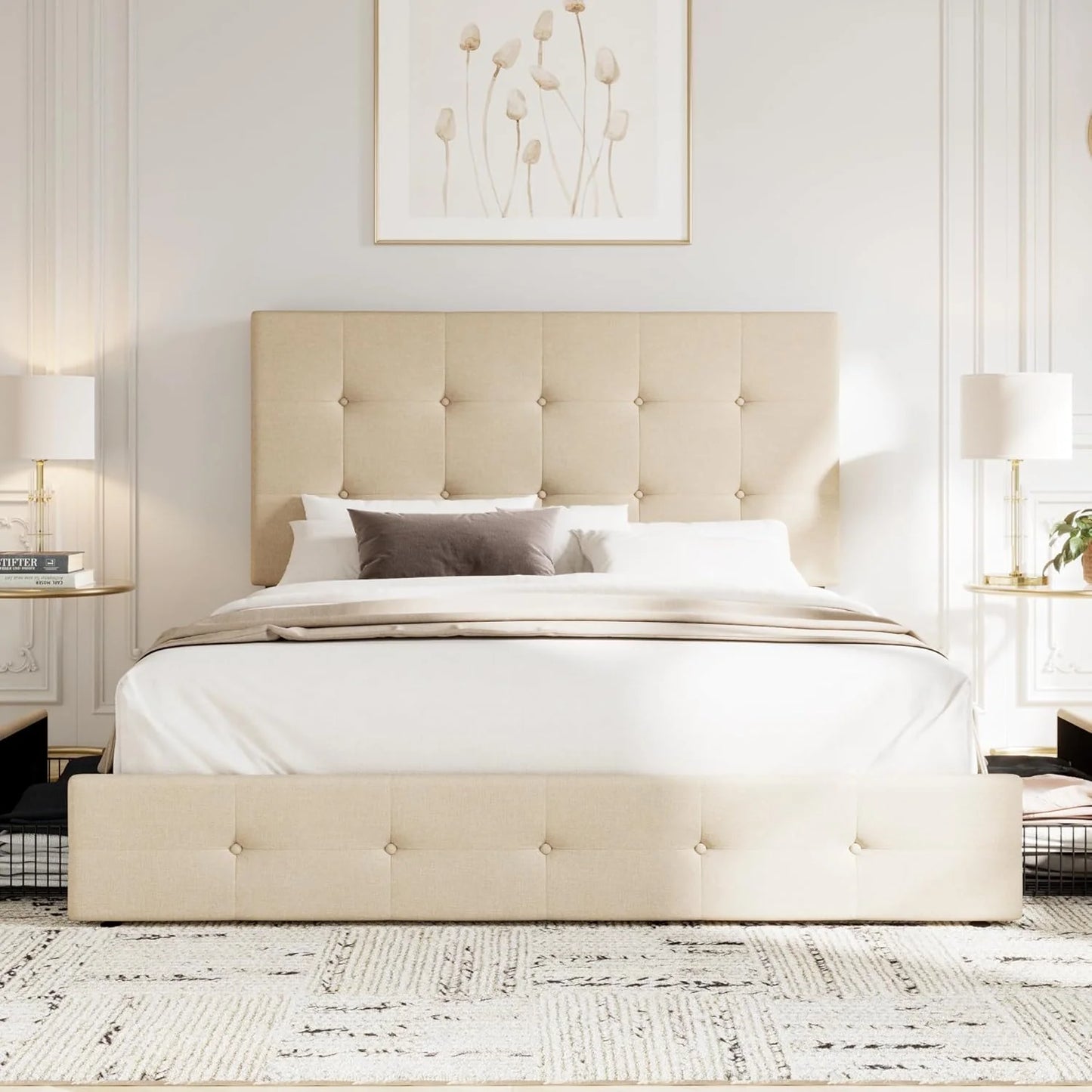 Allewie Upholstered Queen Size Platform Bed Frame with 4 Storage Drawers and Headboard, Square Stitched Button Tufted, Mattress Foundation with Wooden Slats Support, No Box Spring Needed