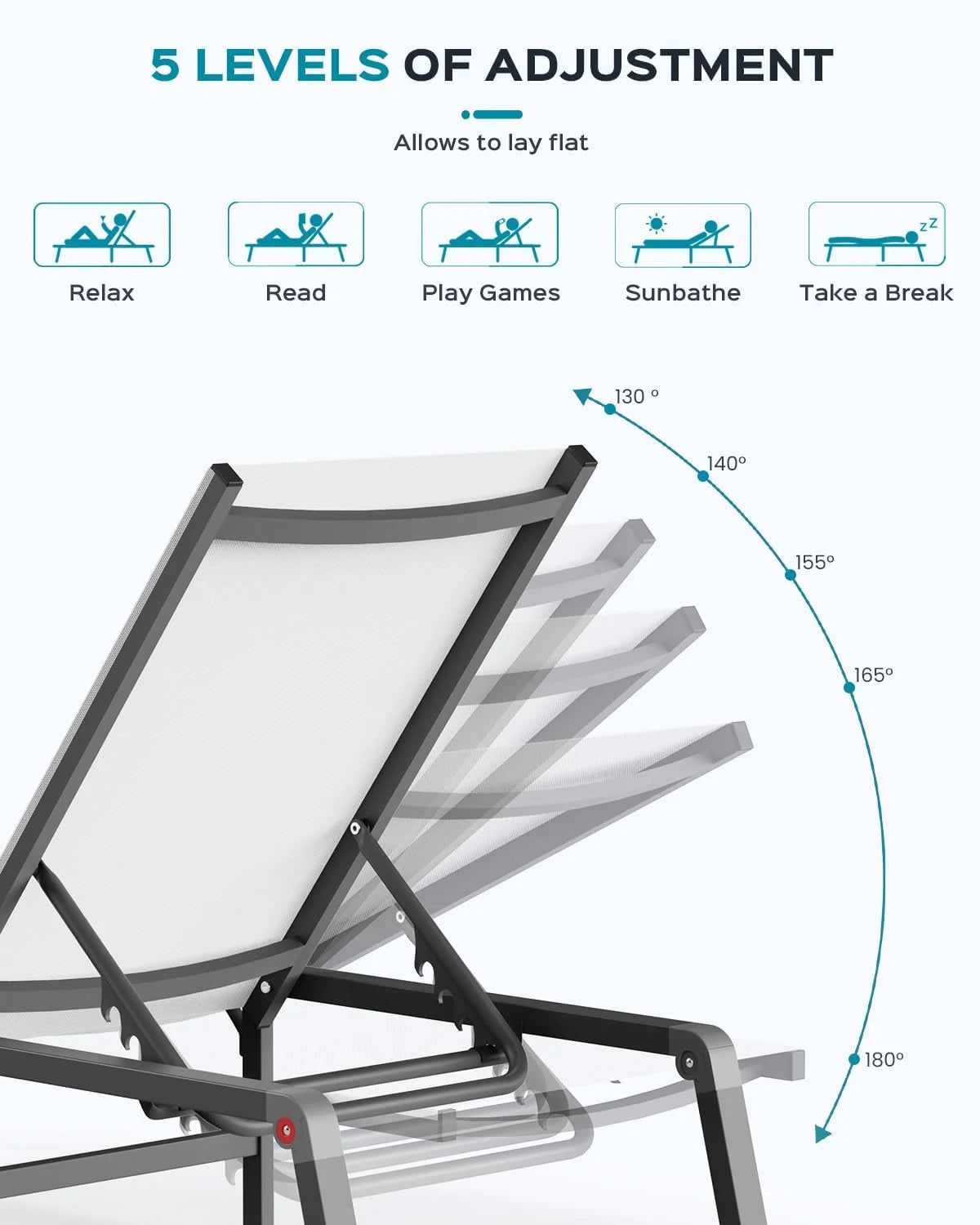 Aluminum Chaise Lounge Ourdoor - Foldable & Assemble Free Outdoor Lounge Chair with 5 Adjustable Backrest, Patio Lounge Chair for Outside Poolside Beach Pool, Black