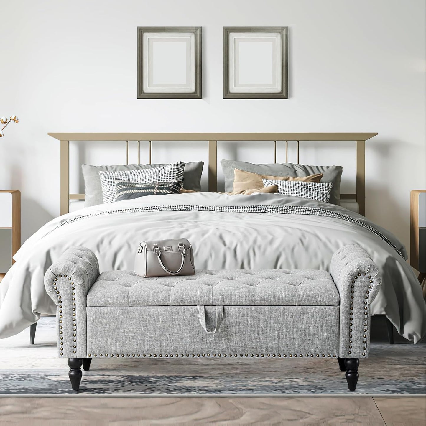 Furniliving Modern Storage Ottoman Bench, Sherpa Ottoman End of Bed Bench with Solid Wood Legs Upholstered Ottoman Benches with Storage Indoor Bench