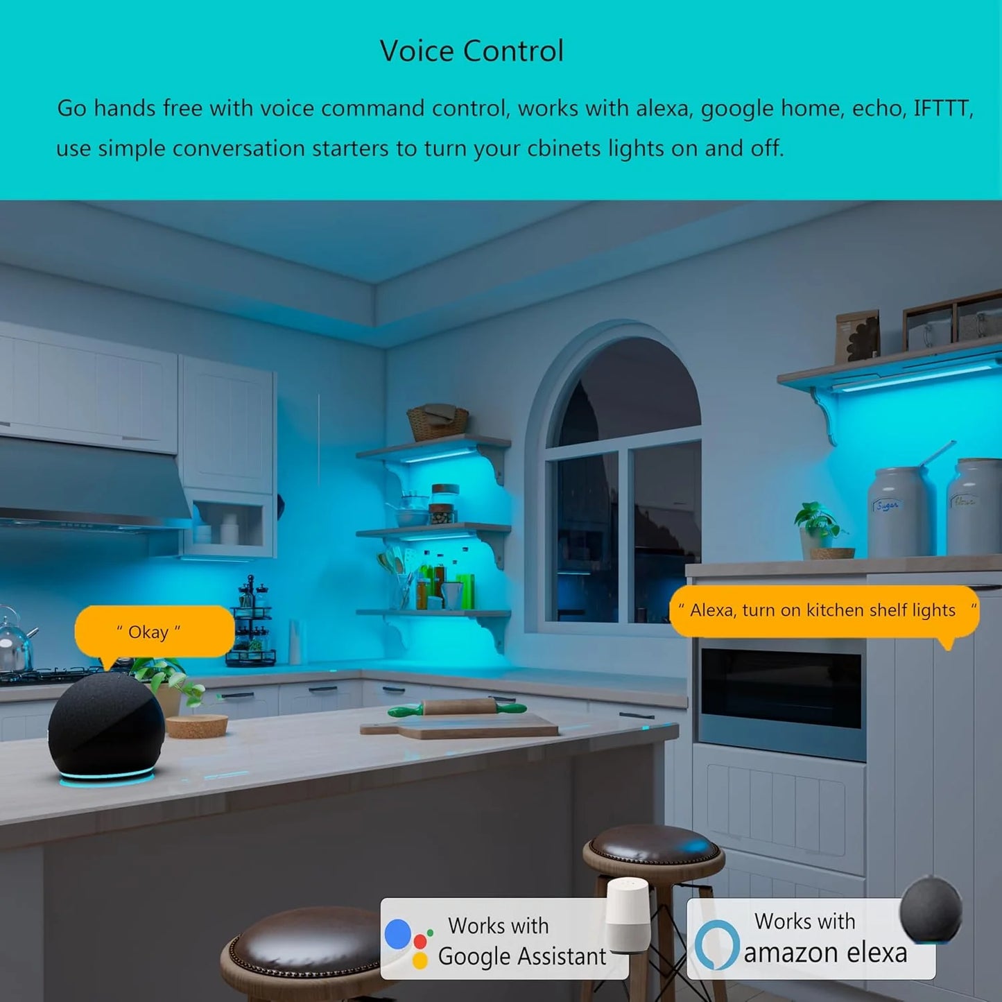 Smart under-cabinet lighting strip, white and color-changing dimmable