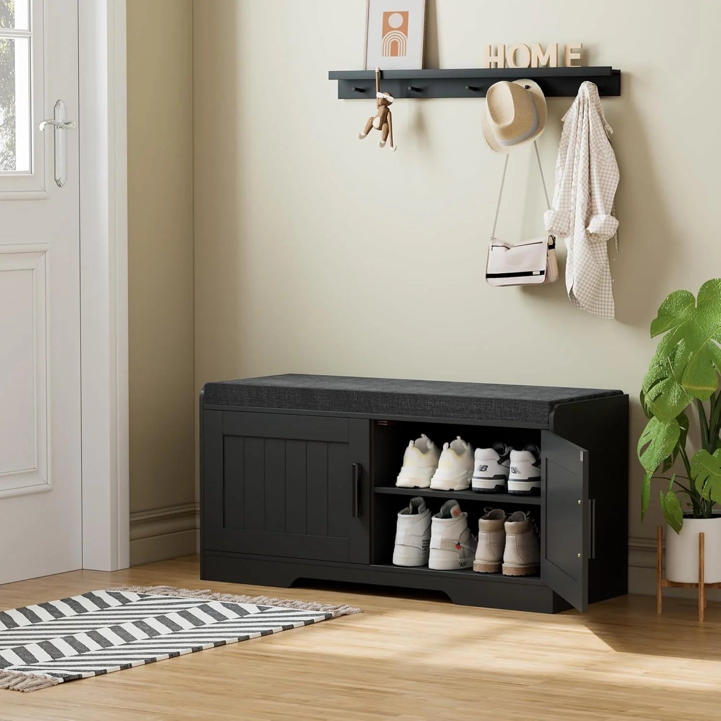 2-Tier Storage Bench, Shoe Bench with Thickened Padded Seat Cushion, Entryway Bench with 4 Doors, Adjustable Shelf