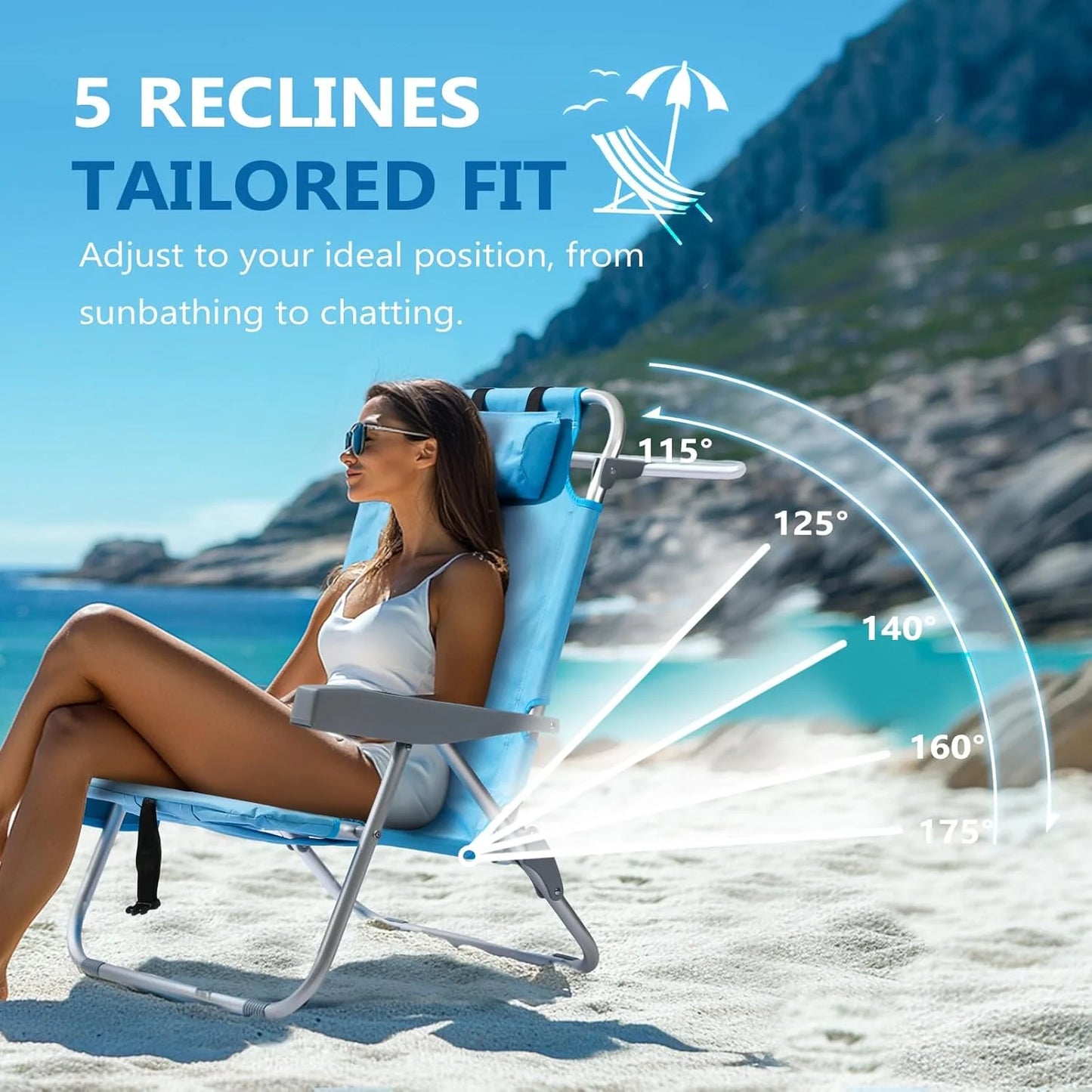 5-Position Aluminum Lay Flat Tall Backpack Beach Chairs 2 Pack Compact Portable Beach Chairs for Adults with Cooler Pouch, Storage Pouch, Towel Bar, Cup Holder & Phone Holder, Blue Stripe