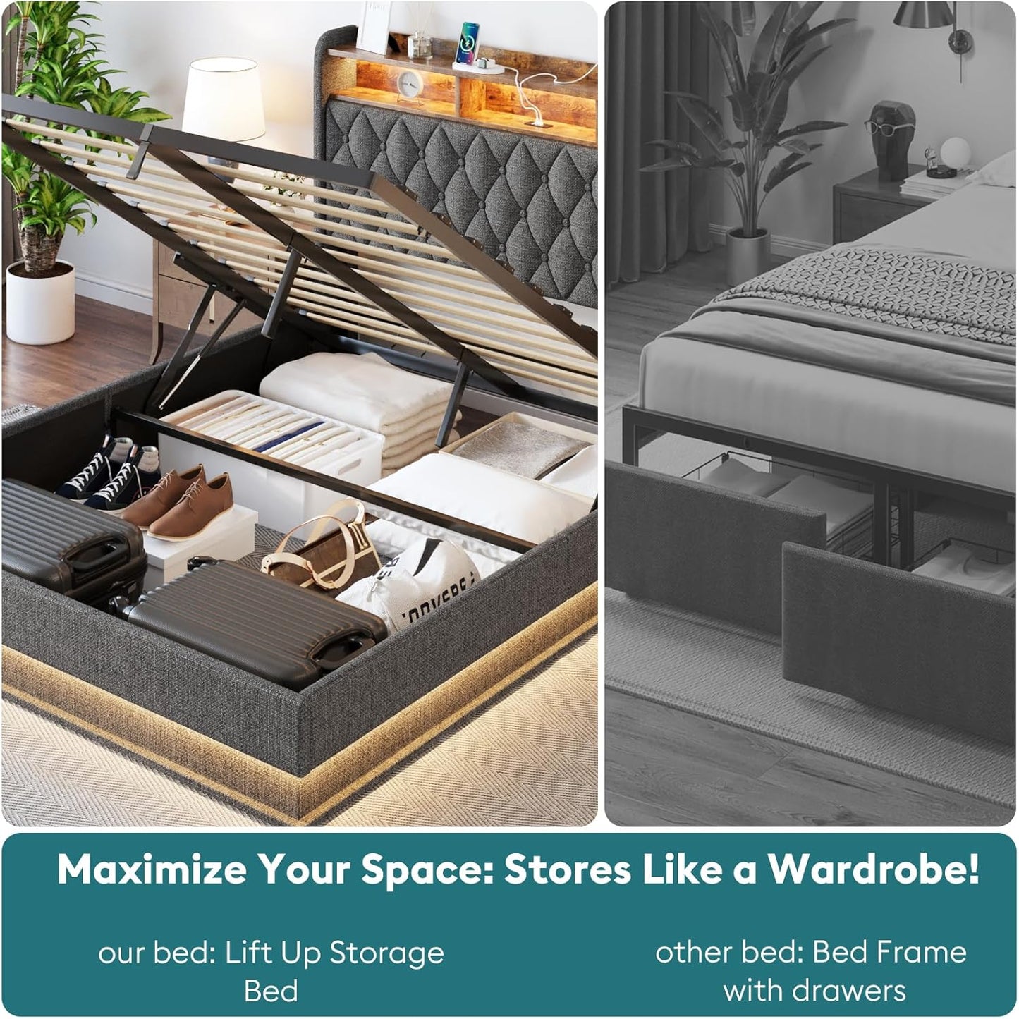 Queen Bed Frame with Storage - Lift Up Queen Size Bed Frame with Headboard, Upholstered Platform Bed with LED Lights & Charging Station, Hydraulic No Box Spring Needed Wood Slats Support, Beige