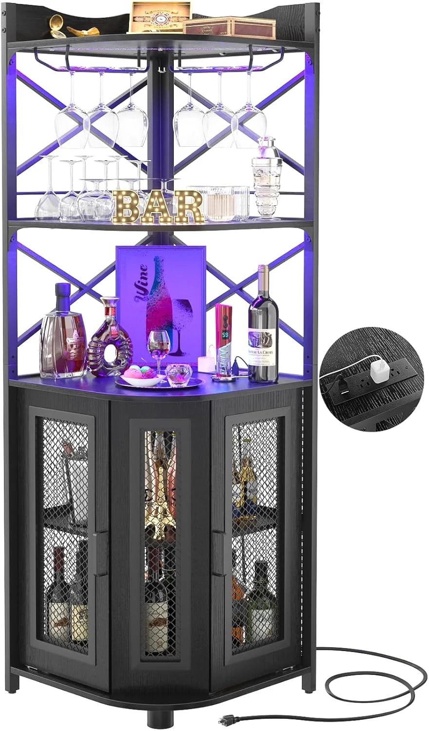 Corner bar cabinet with power socket, industrial style wine cabinet with LED light strip and glass rack, home five-layer wine cabinet bar unit, small space corner display cabinet